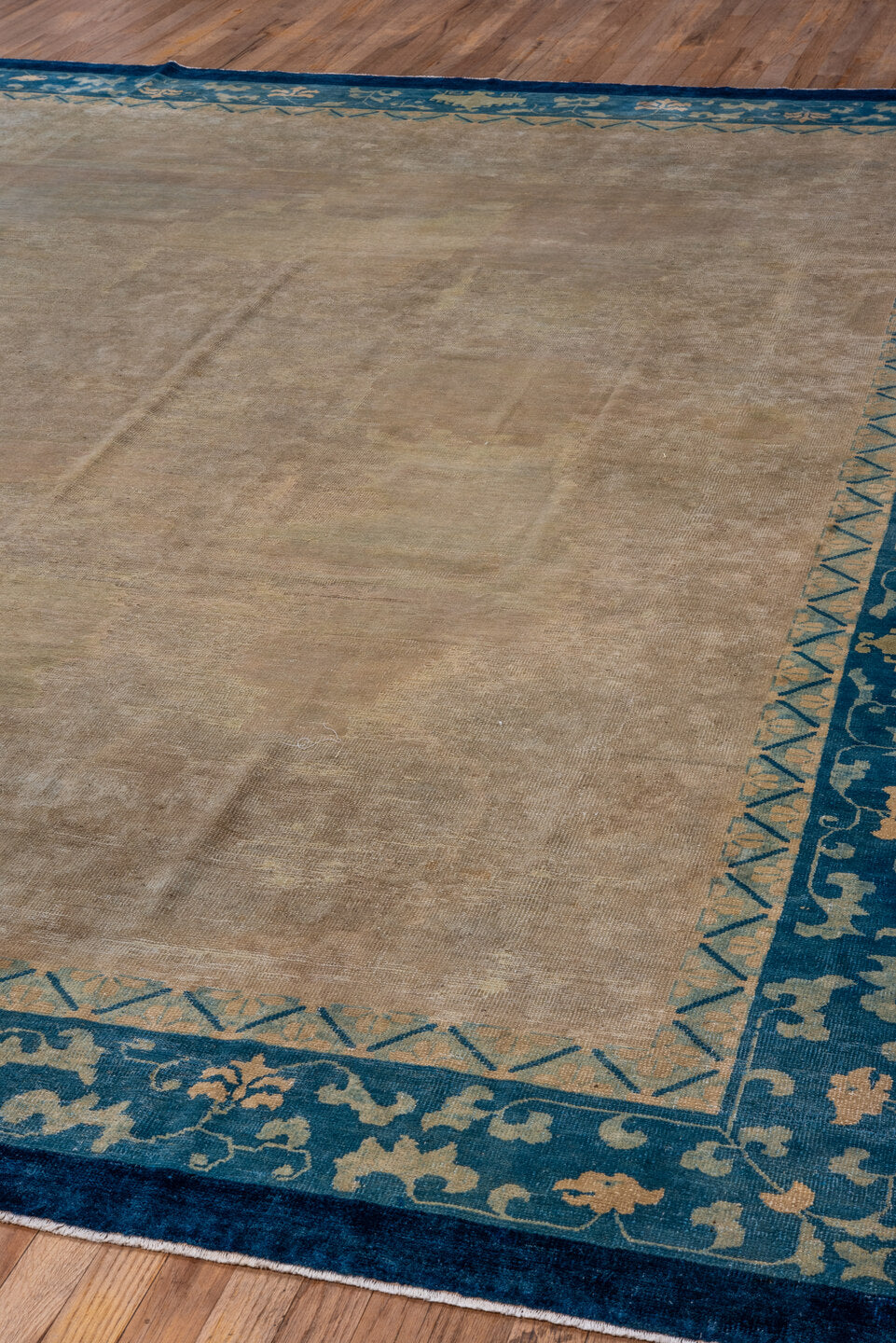 9' x 11' one-of-a-kind handmade vintage Chinese large size rug. Color palette: arapawa, blue, brown, gray, tan