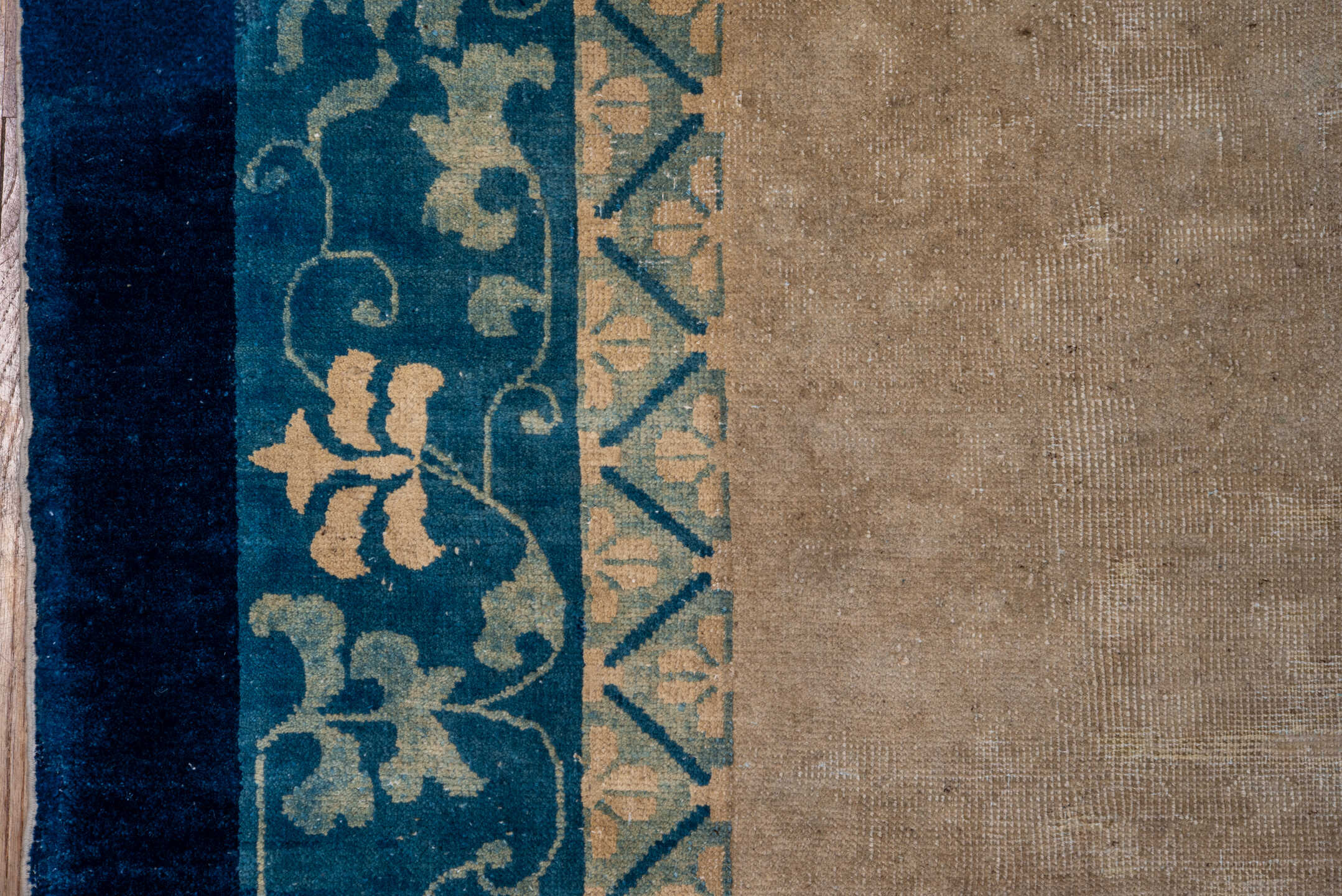 9' x 11' one-of-a-kind handmade vintage Chinese large size rug. Color palette: arapawa, blue, brown, gray, tan