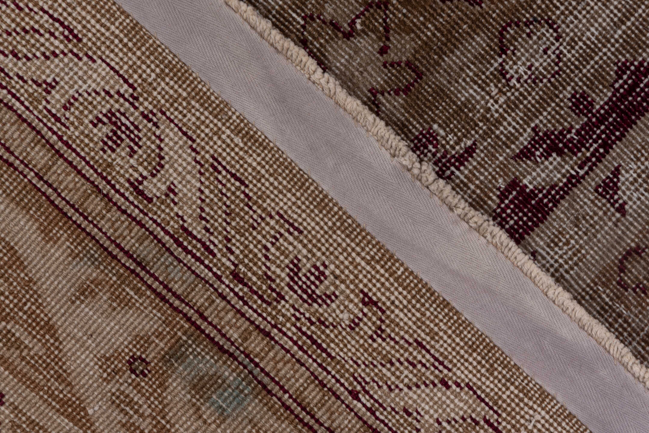 5' x 12' one-of-a-kind handmade antique Agra rug. Color palette: taupe, beige, burgundy, rose, brown, gray, pink, red