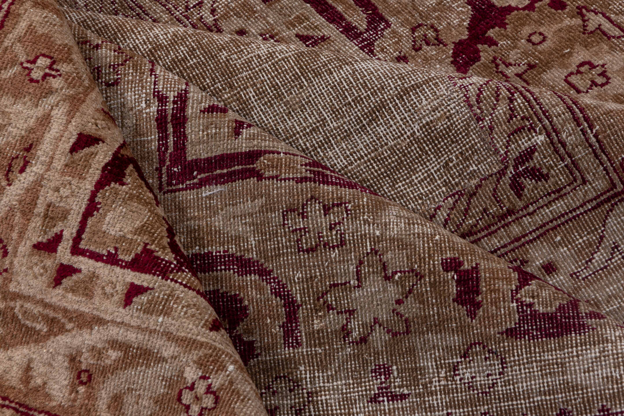 5' x 12' one-of-a-kind handmade antique Agra rug. Color palette: taupe, beige, burgundy, rose, brown, gray, pink, red