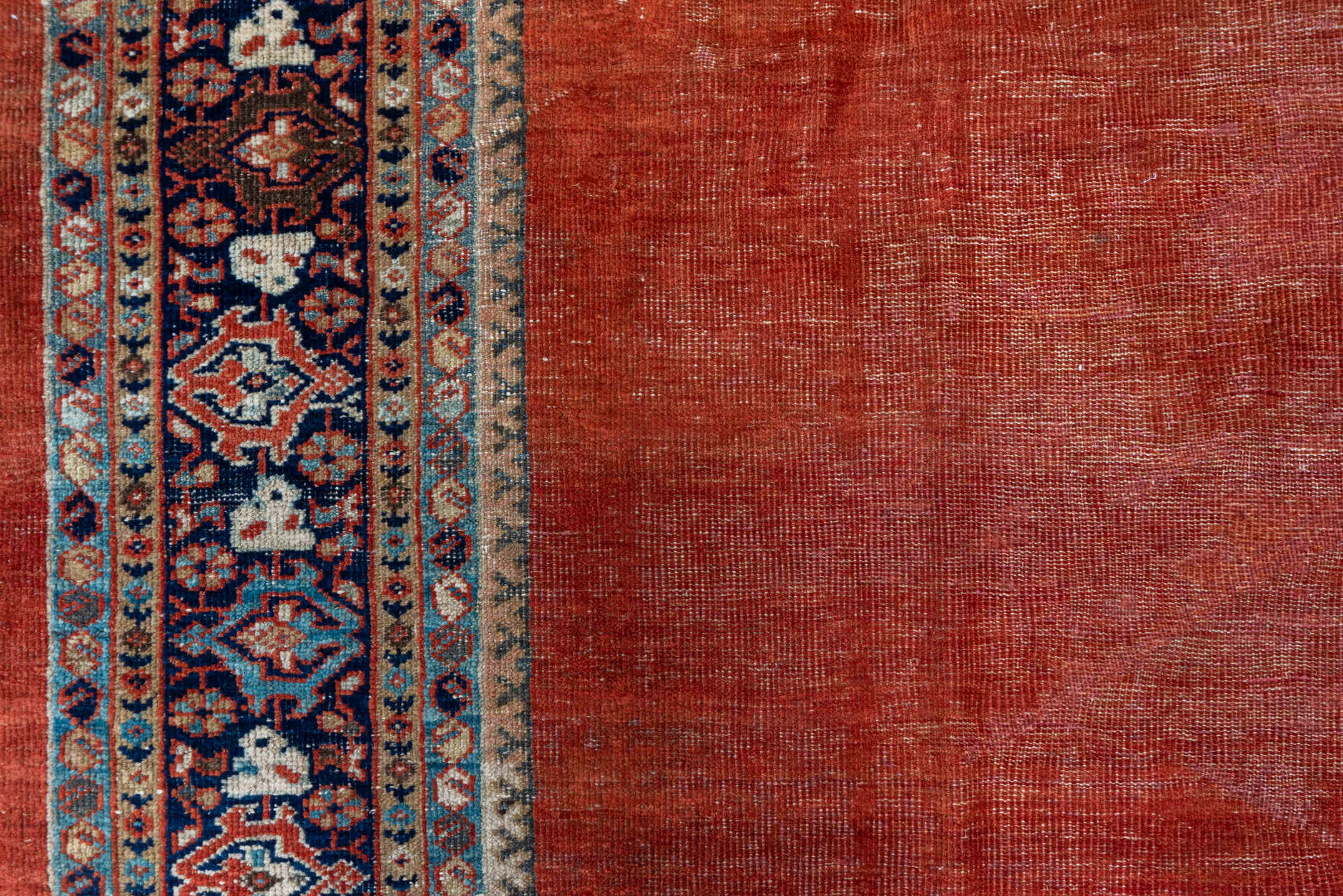 8' x 11' one-of-a-kind handmade antique Mahal large size rug. Color palette: terra cotta, rust, indigo, ivory, taupe, brown