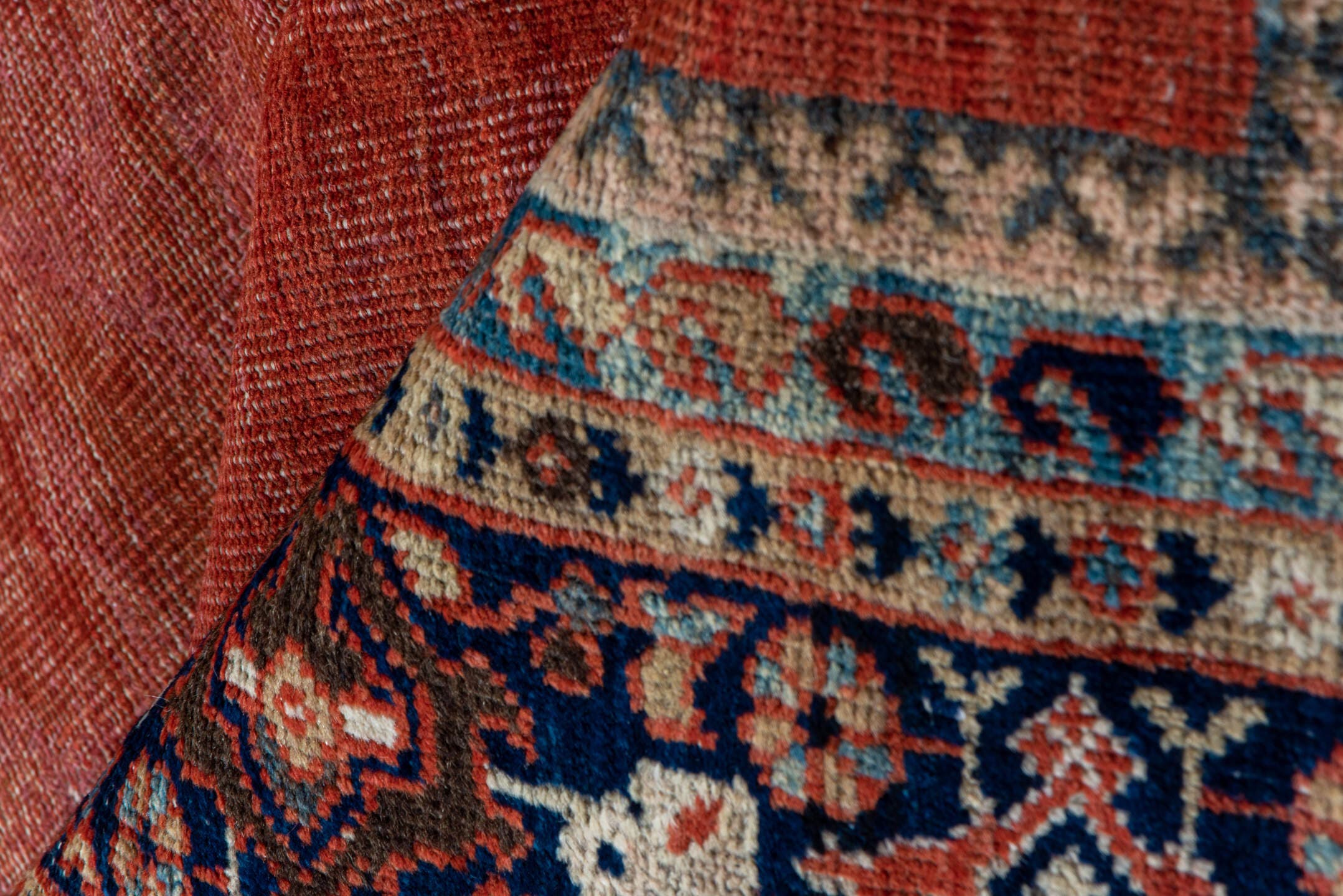 8' x 11' one-of-a-kind handmade antique Mahal large size rug. Color palette: terra cotta, rust, indigo, ivory, taupe, brown