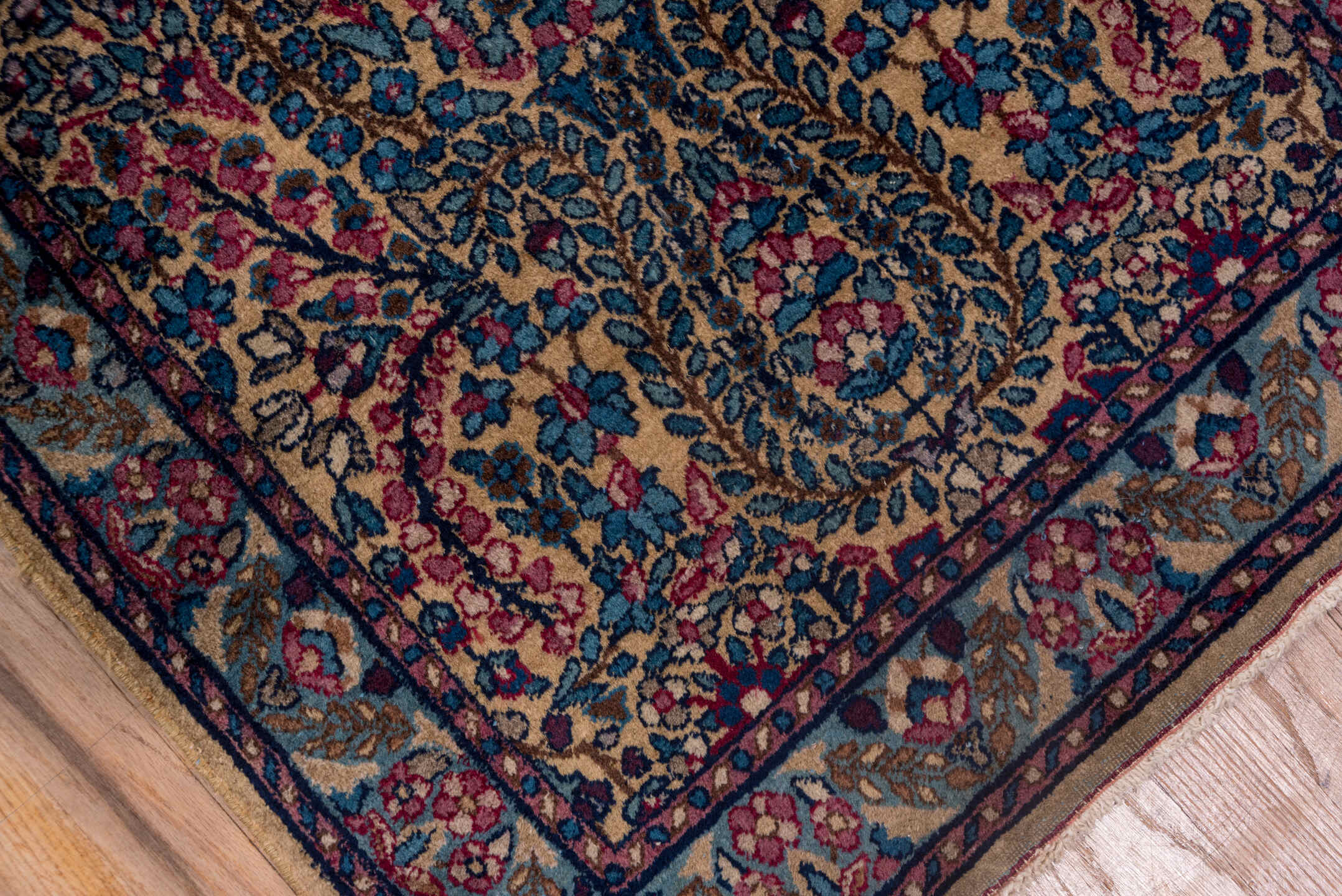 2' x 12' one-of-a-kind handmade antique Kerman runner rug. Color palette: navy, rose, ivory, soft blue, burgundy, taupe