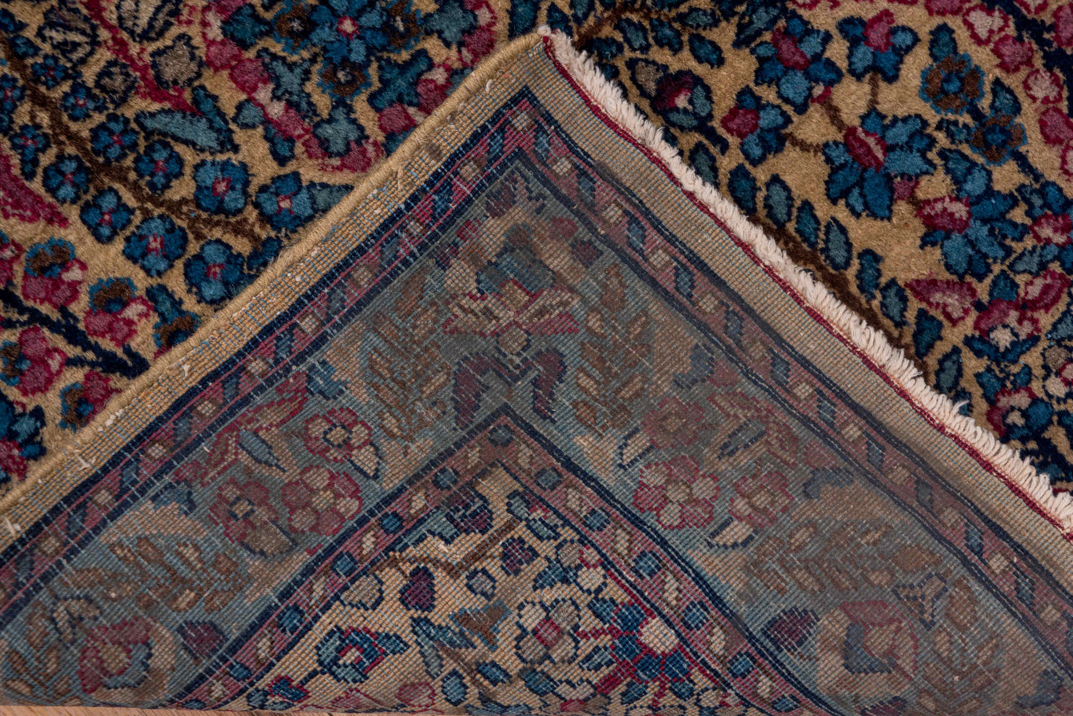 2' x 12' one-of-a-kind handmade antique Kerman runner rug. Color palette: navy, rose, ivory, soft blue, burgundy, taupe