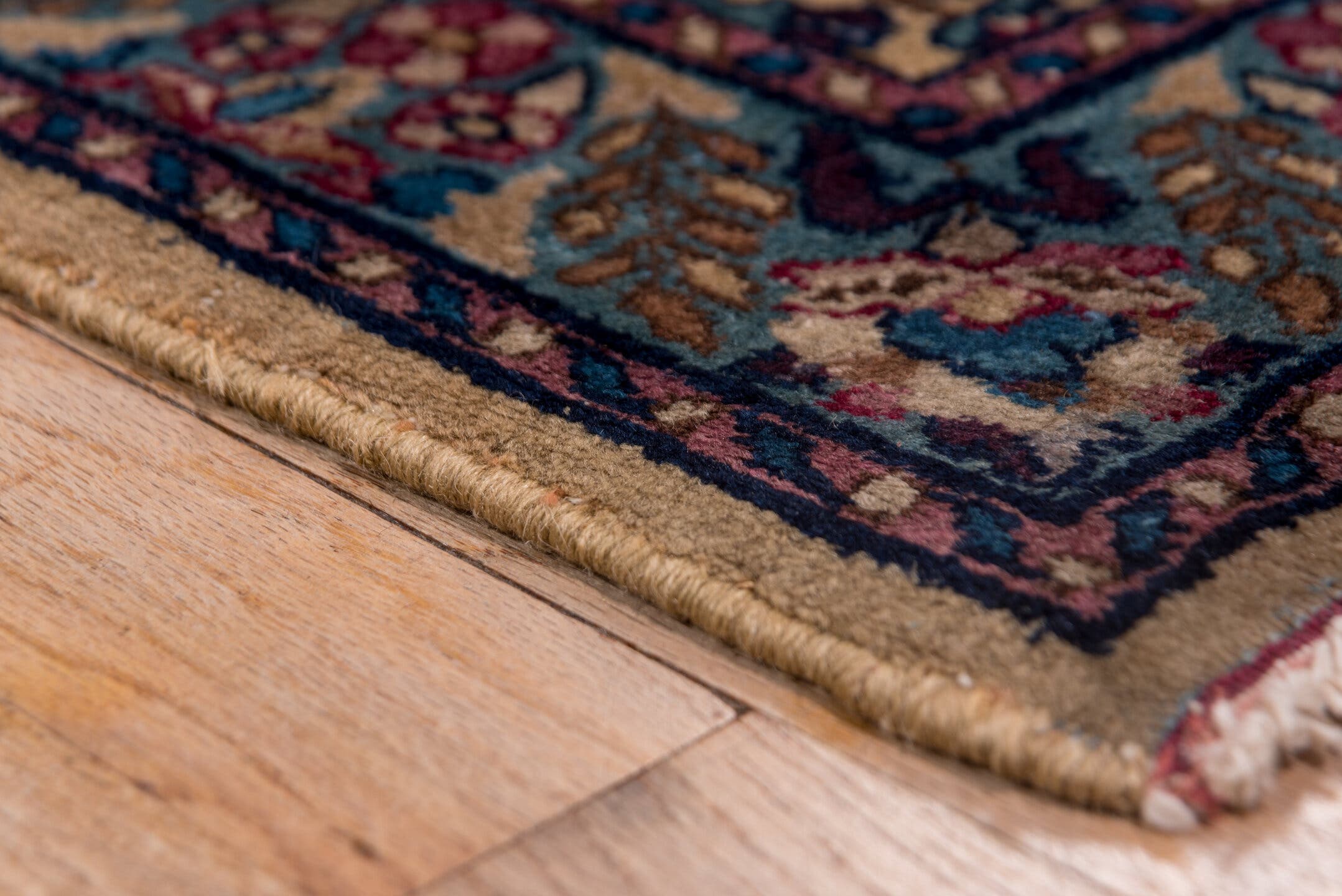 2' x 12' one-of-a-kind handmade antique Kerman runner rug. Color palette: navy, rose, ivory, soft blue, burgundy, taupe