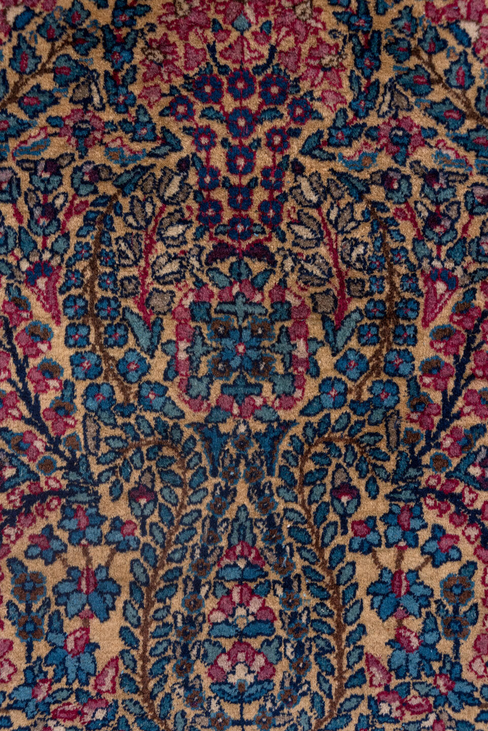 2' x 12' one-of-a-kind handmade antique Kerman runner rug. Color palette: navy, rose, ivory, soft blue, burgundy, taupe