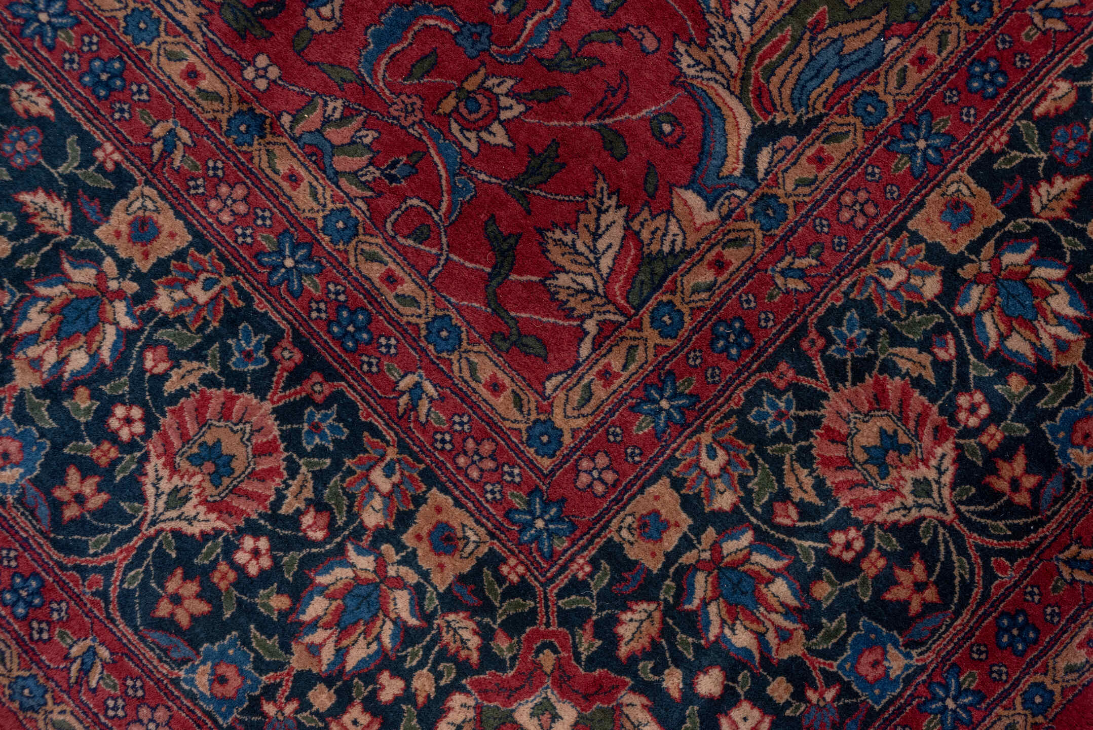 10' x 14' one-of-a-kind handmade antique Lahor large size rug. Color palette: red, navy, ivory, blue, rust, camel, rose