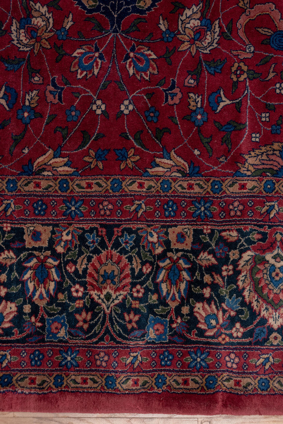 10' x 14' one-of-a-kind handmade antique Lahor large size rug. Color palette: red, navy, ivory, blue, rust, camel, rose