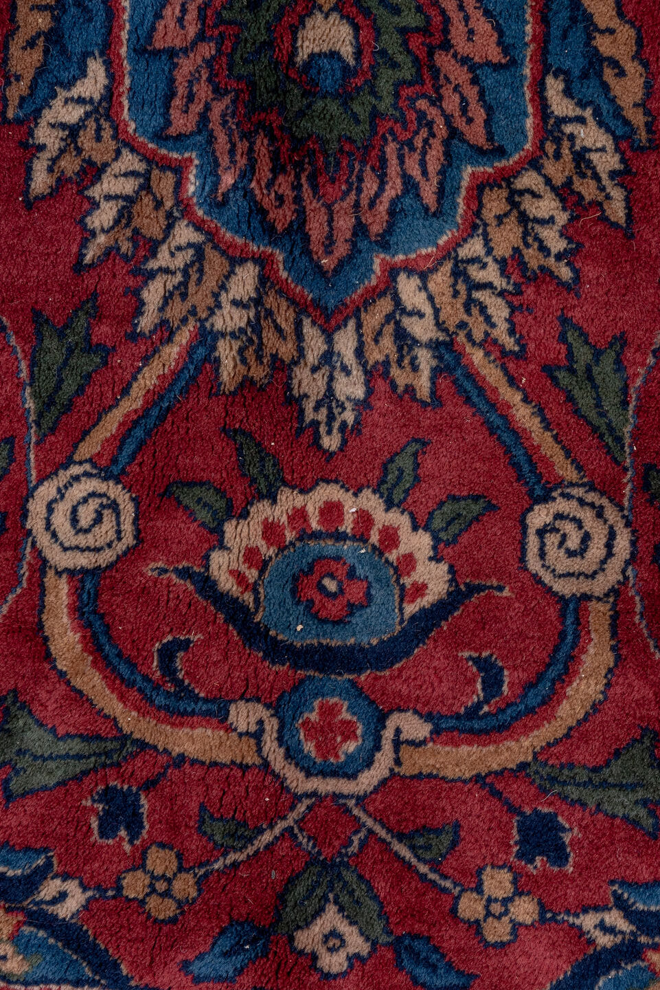 10' x 14' one-of-a-kind handmade antique Lahor large size rug. Color palette: red, navy, ivory, blue, rust, camel, rose