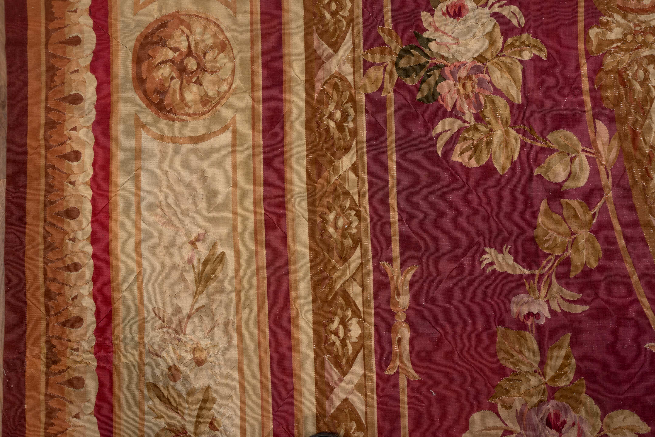 14' x 18' one-of-a-kind handmade vintage Aubusson oversize rug. Color palette: rose, ivory, taupe, sage, gold, blush