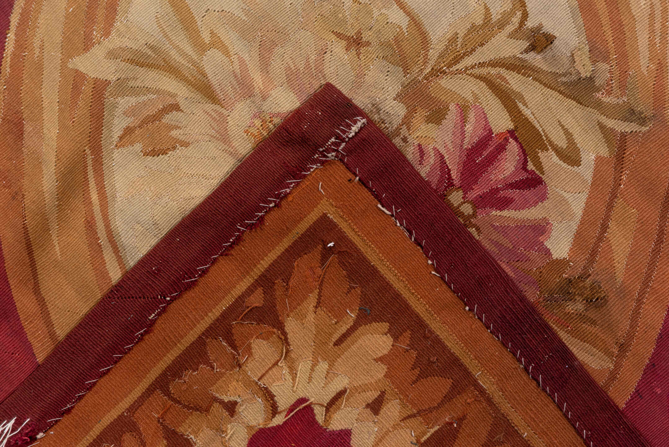 14' x 18' one-of-a-kind handmade vintage Aubusson oversize rug. Color palette: rose, ivory, taupe, sage, gold, blush