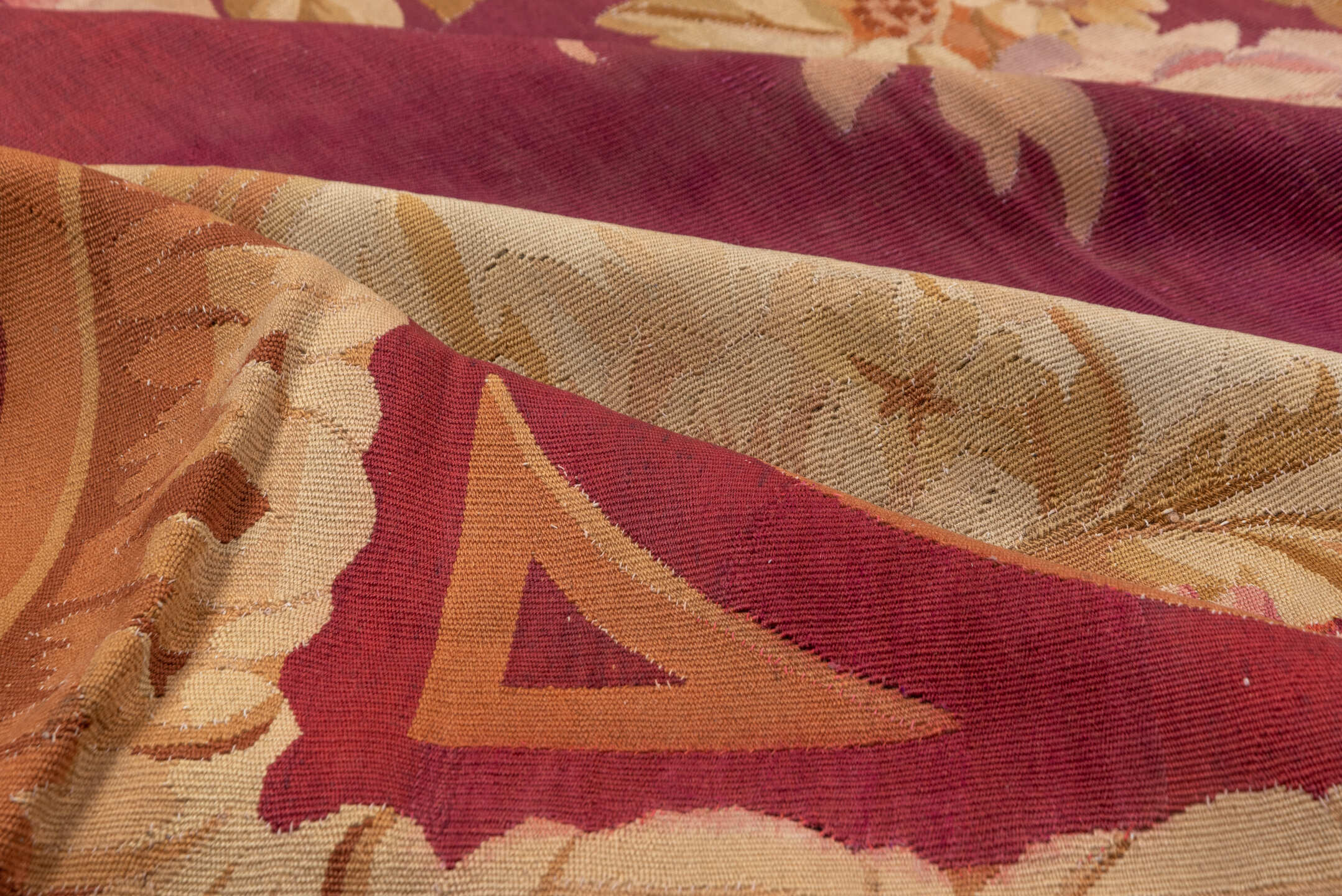 14' x 18' one-of-a-kind handmade vintage Aubusson oversize rug. Color palette: rose, ivory, taupe, sage, gold, blush