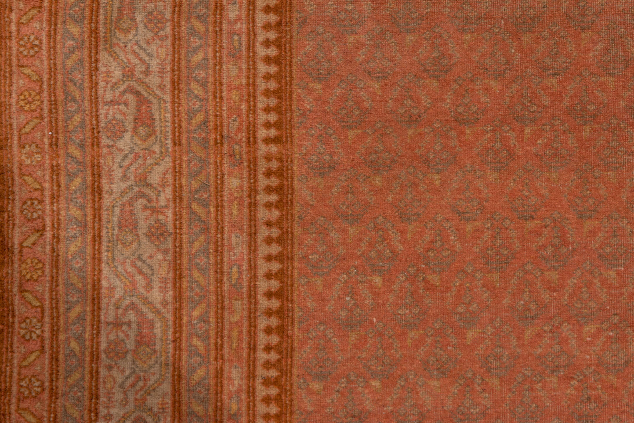 11' x 17' one-of-a-kind handmade vintage Saraband oversize rug. Color palette: brown, off-white, orange, pink, sienna