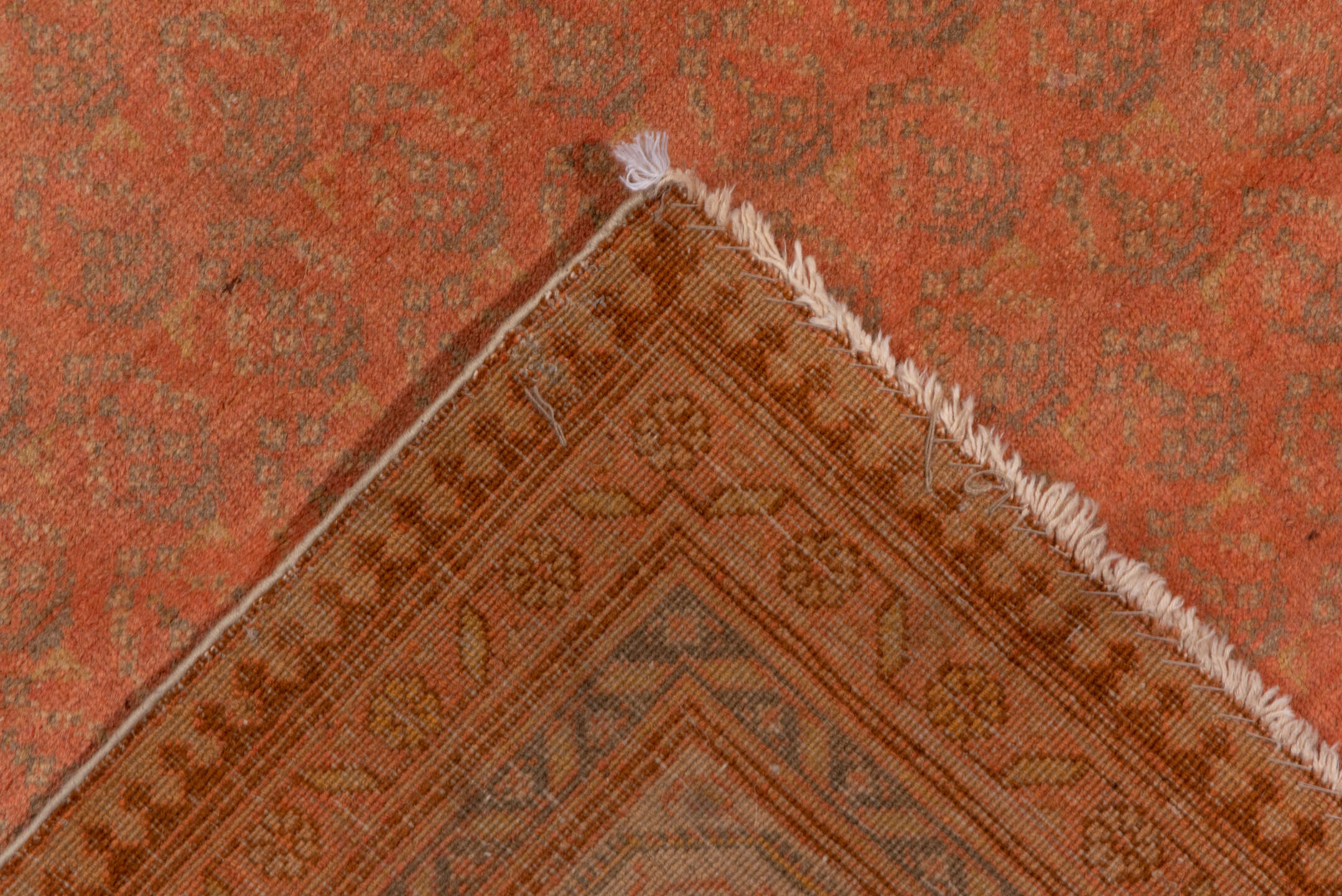 11' x 17' one-of-a-kind handmade vintage Saraband oversize rug. Color palette: brown, off-white, orange, pink, sienna