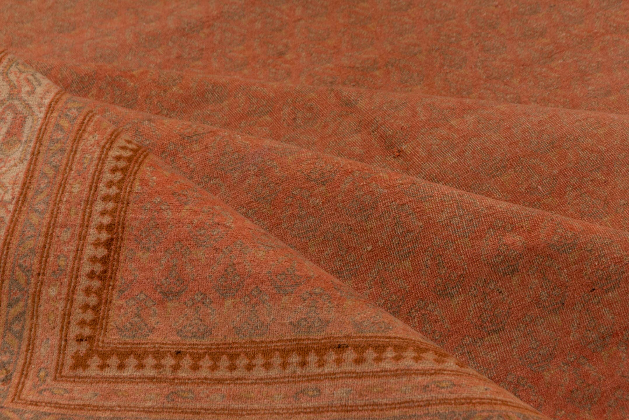 11' x 17' one-of-a-kind handmade vintage Saraband oversize rug. Color palette: terra cotta, salmon, rust, apricot, camel
