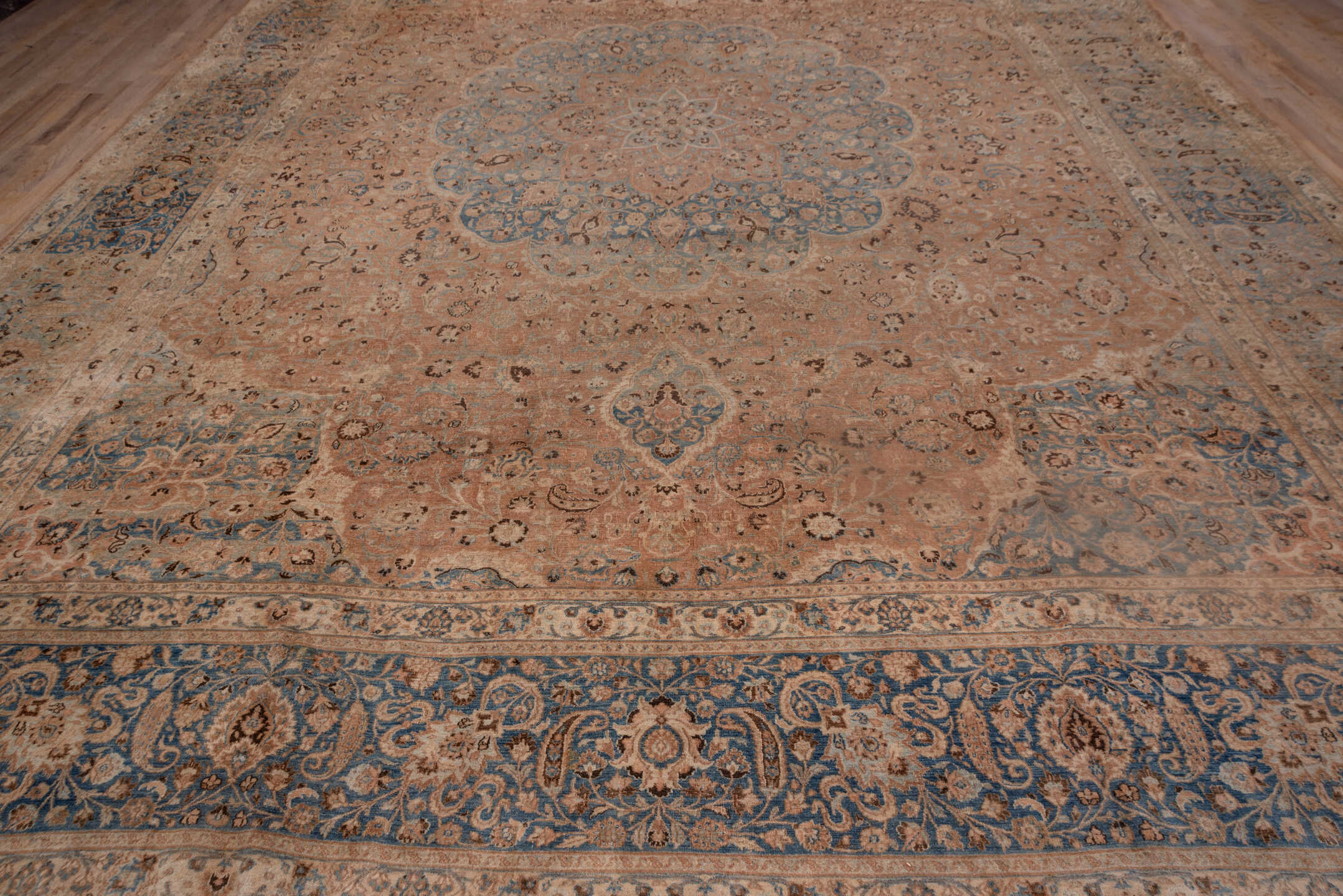 13' x 17' one-of-a-kind handmade antique Meshed oversize rug. Color palette: rose, beige, powder_blue, ivory, taupe, camel