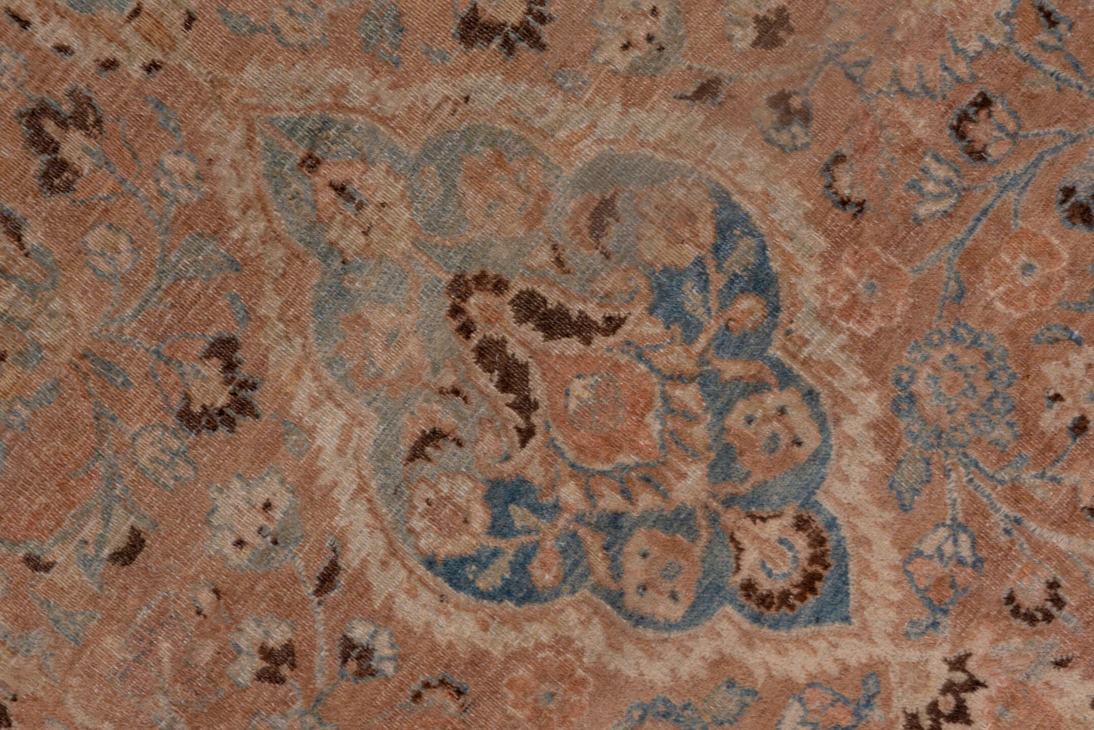 13' x 17' one-of-a-kind handmade antique Meshed oversize rug. Color palette: rose, beige, powder_blue, ivory, taupe, camel