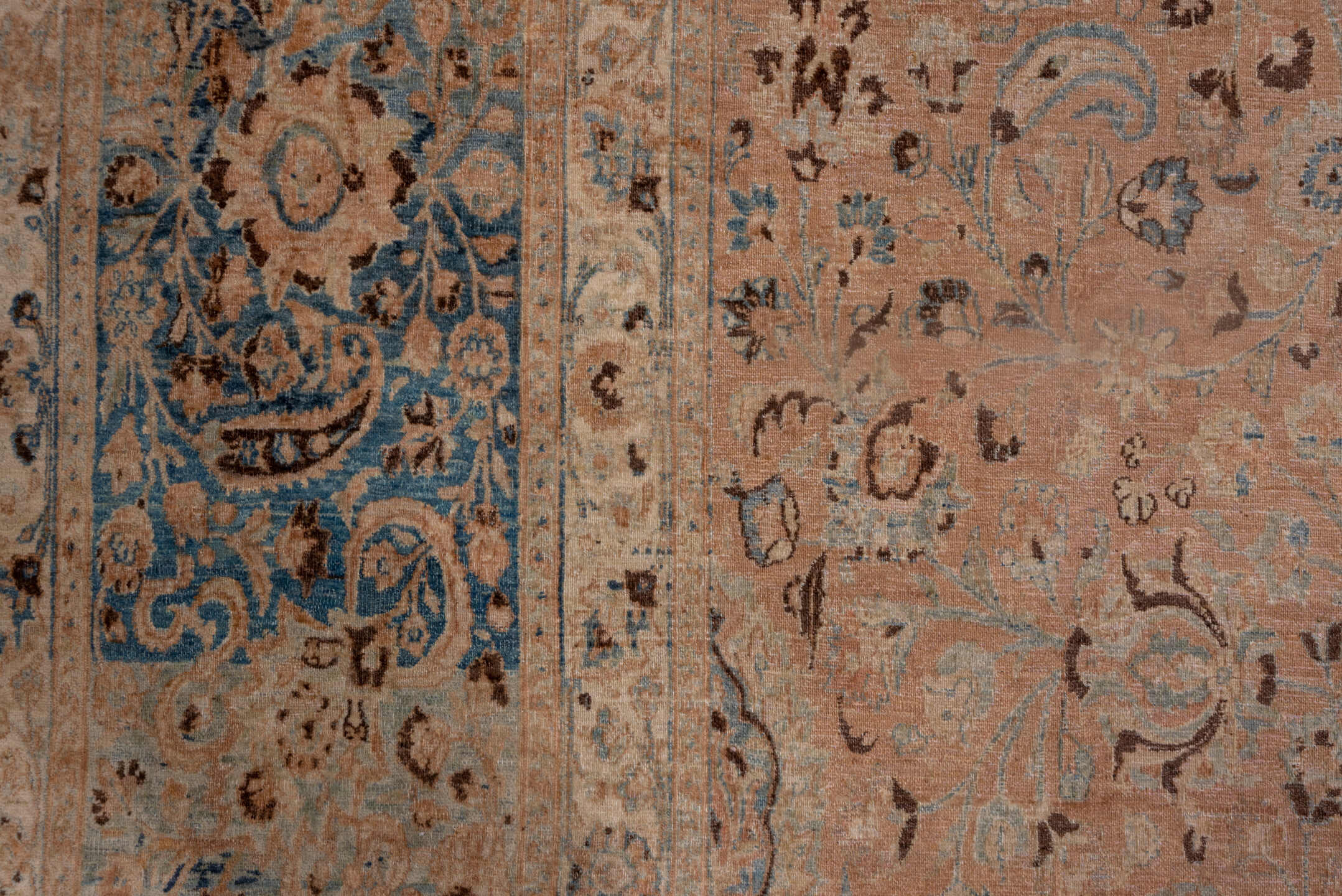 13' x 17' one-of-a-kind handmade antique Meshed oversize rug. Color palette: rose, beige, powder_blue, ivory, taupe, camel