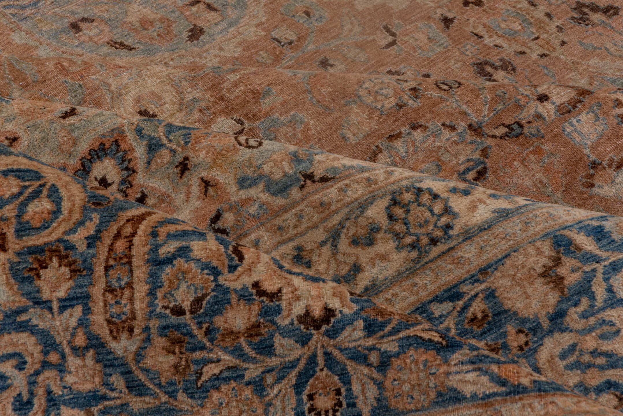 13' x 17' one-of-a-kind handmade antique Meshed oversize rug. Color palette: rose, beige, powder_blue, ivory, taupe, camel