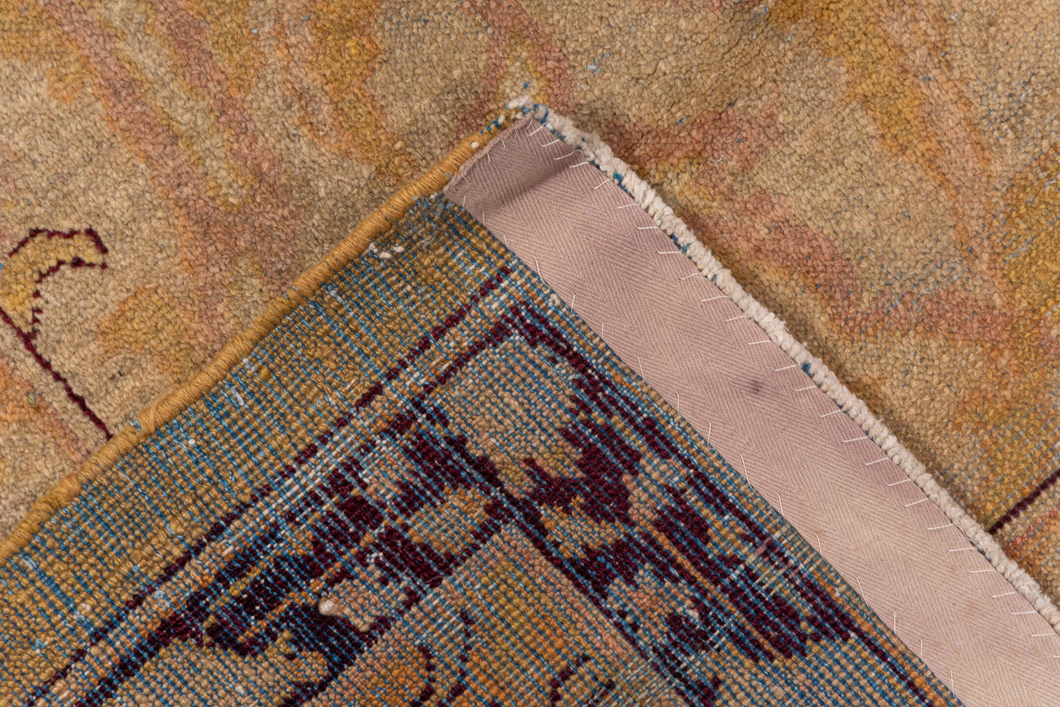 9' x 11' one-of-a-kind handmade vintage Agra large size rug. Color palette: camel, ivory, blush, burgundy, taupe, peach
