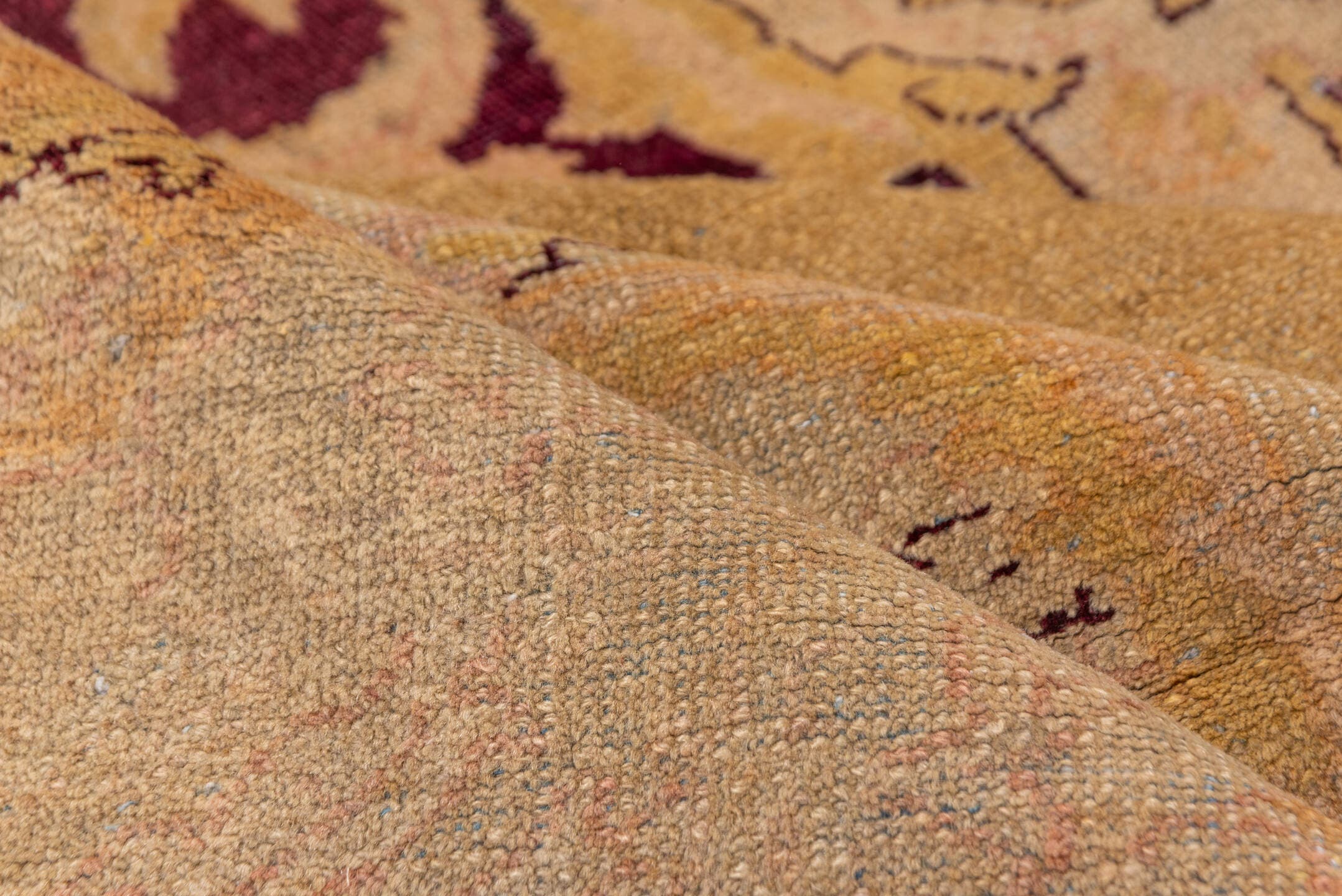 9' x 11' one-of-a-kind handmade vintage Agra large size rug. Color palette: camel, ivory, blush, burgundy, taupe, peach