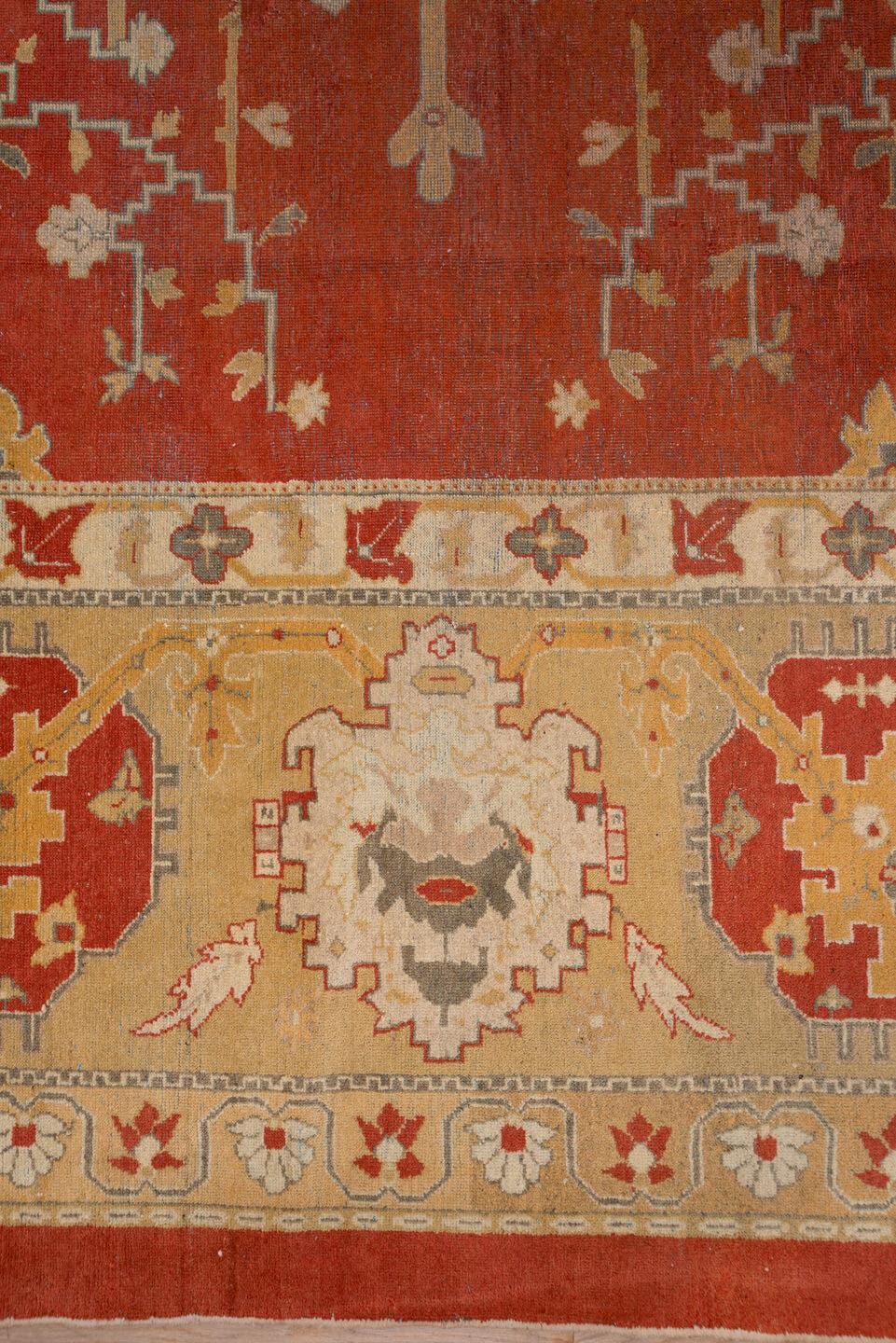 11' x 14' one-of-a-kind handmade antique Amritzar oversize rug. Color palette: terra cotta, camel, ivory, gold, slate, rust