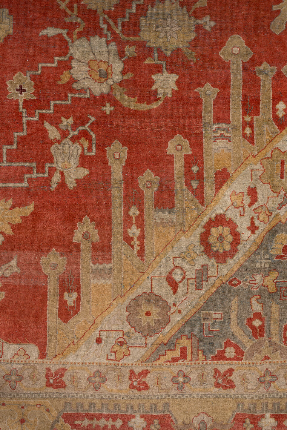 11' x 14' one-of-a-kind handmade antique Amritzar oversize rug. Color palette: terra cotta, camel, ivory, gold, slate, rust