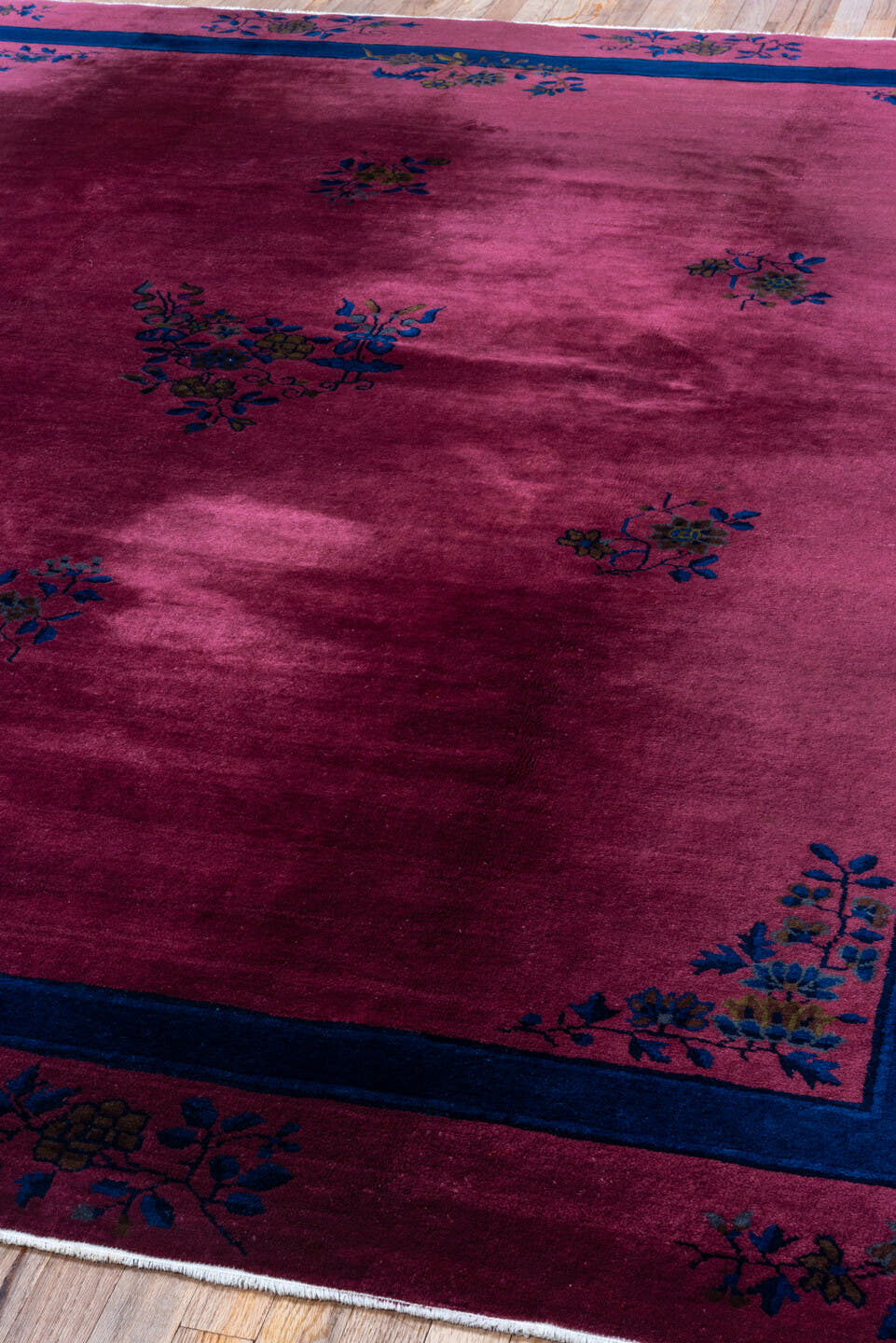 8' x 9' one-of-a-kind handmade antique Chinese rug. Color palette: rose, indigo, magenta, plum, lavender, gold, navy, pink