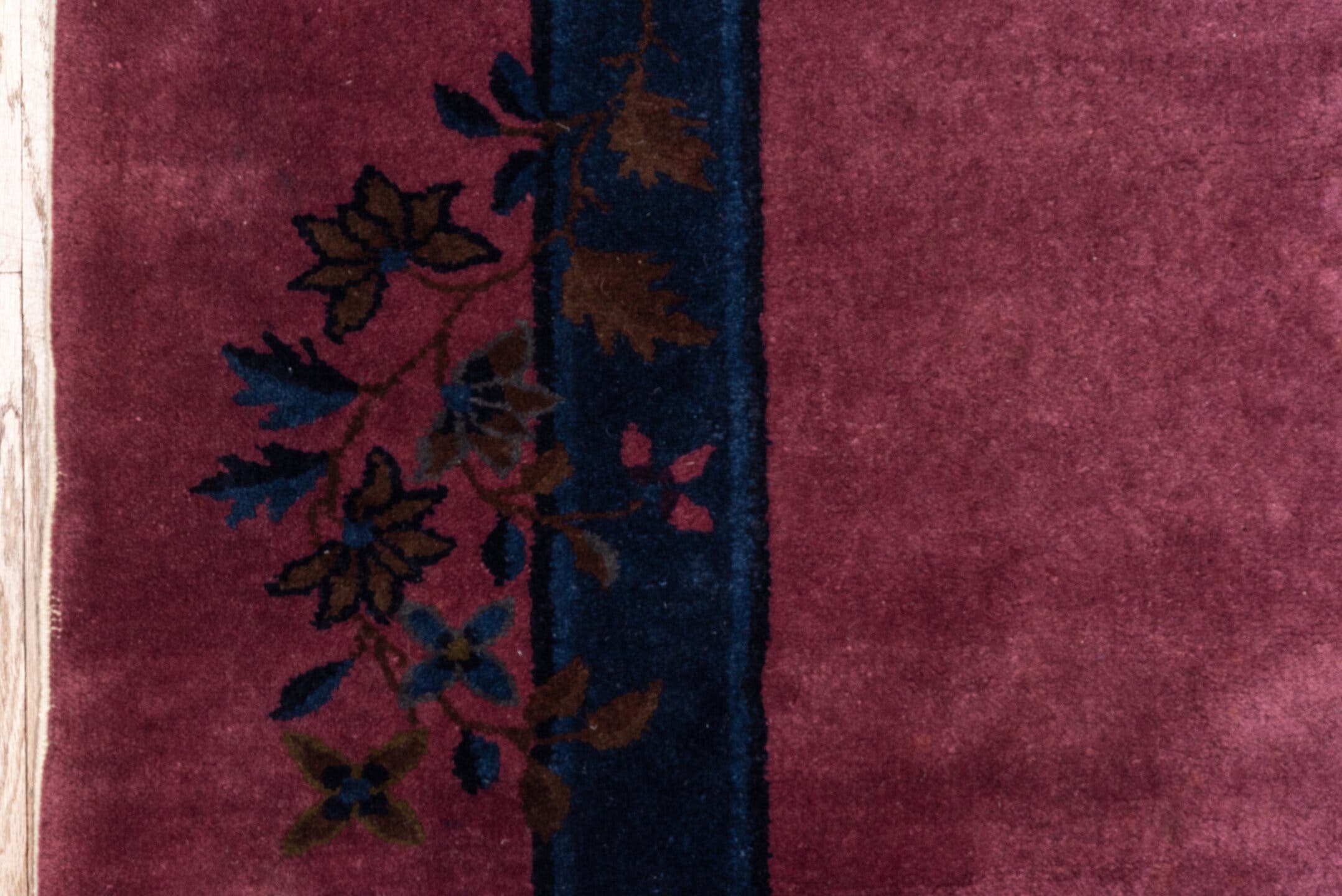 8' x 9' one-of-a-kind handmade antique Chinese rug. Color palette: rose, indigo, magenta, plum, lavender, gold, navy, pink