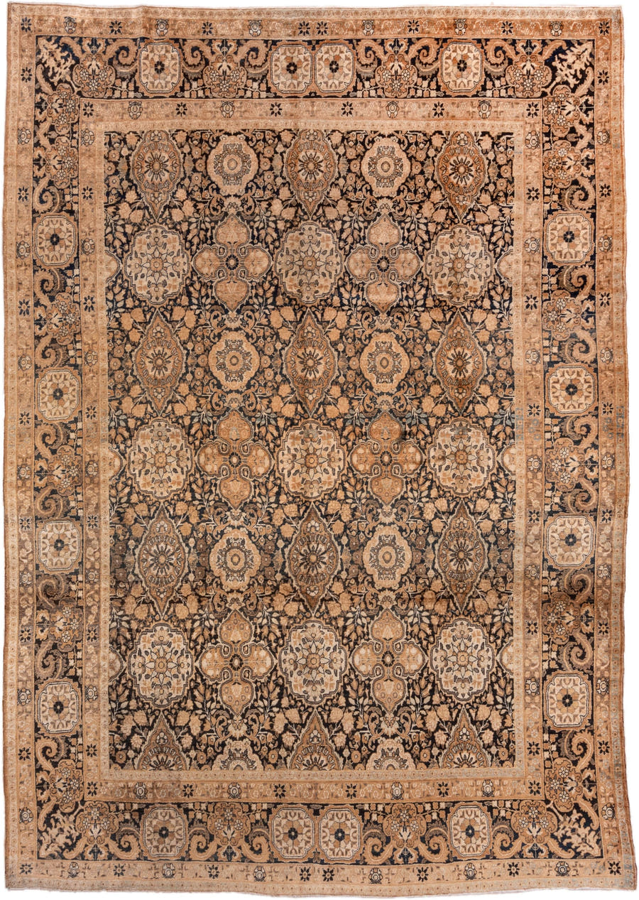 9' x 13' one-of-a-kind handmade antique Kerman large size rug. Color palette: navy, camel, ivory, taupe, rust, brown, blue