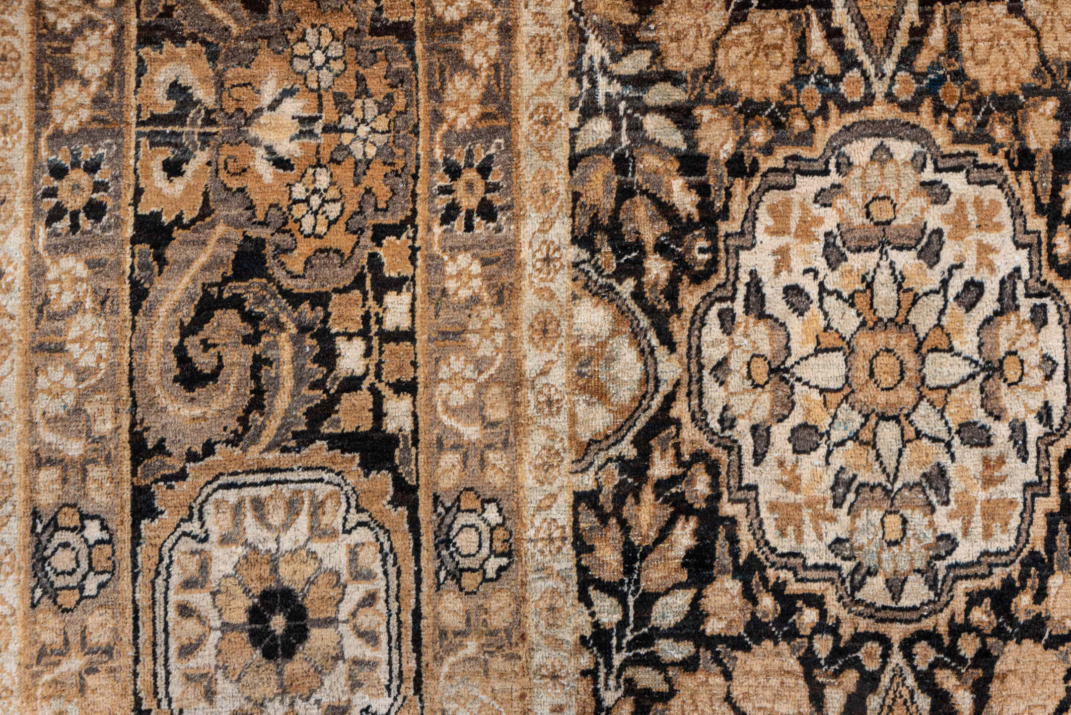 9' x 13' one-of-a-kind handmade antique Kerman large size rug. Color palette: navy, camel, ivory, taupe, rust, brown, blue