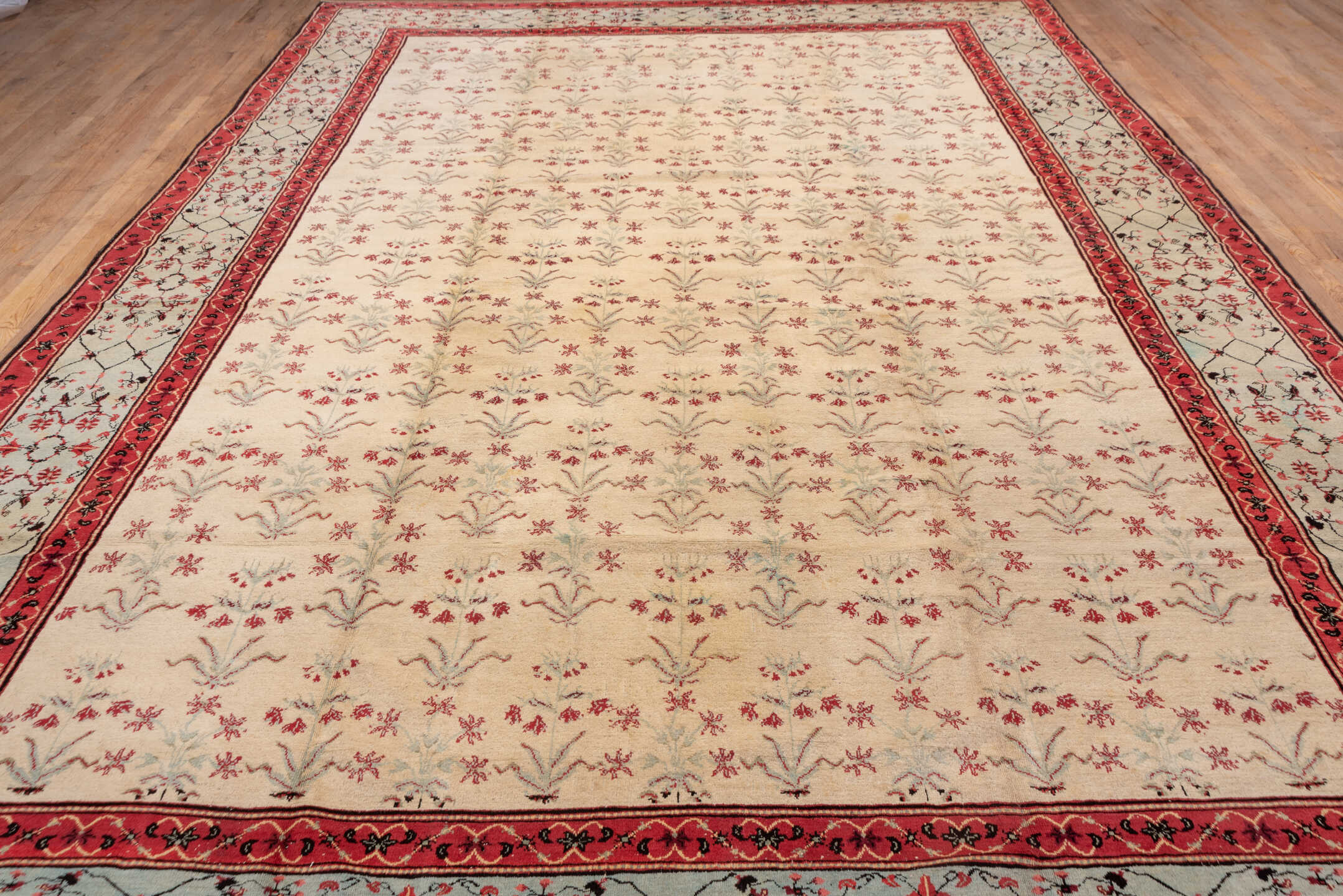 10' x 15' one-of-a-kind handmade vintage Agra rug. Color palette: ivory, coral, rose, sage, taupe, charcoal, terracotta