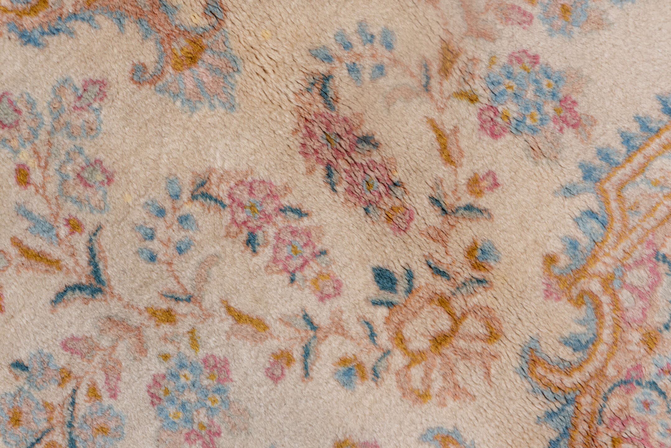 5' x 9' one-of-a-kind handmade vintage Kerman medium size rug. Color palette: ivory, beige, sky blue, blush, gold, taupe