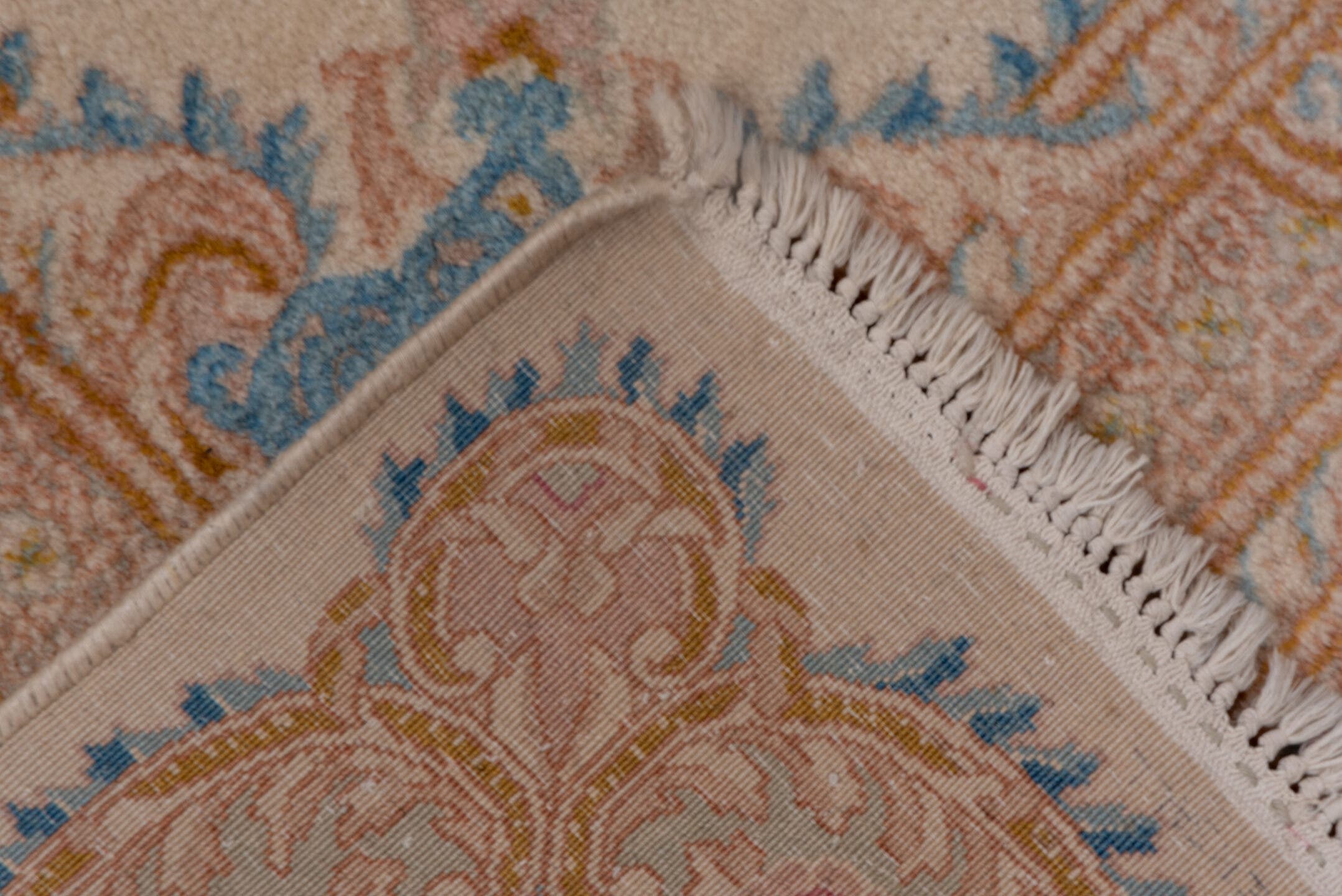 5' x 9' one-of-a-kind handmade vintage Kerman medium size rug. Color palette: ivory, beige, sky blue, blush, gold, taupe