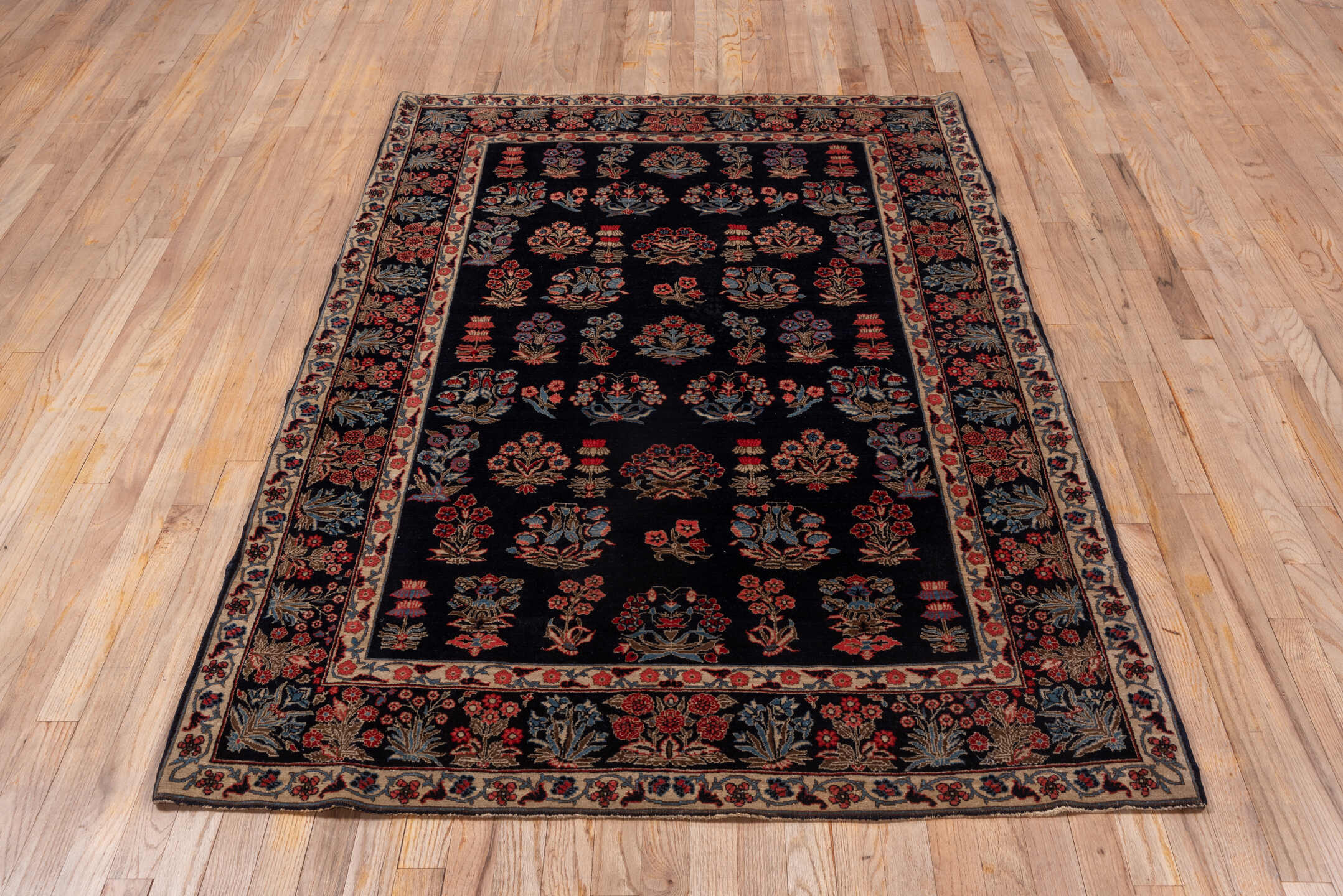 4' x 6' one-of-a-kind handmade vintage Far.Sarouk small size rug. Color palette: navy, ivory, rust, slate_blue, rose, taupe