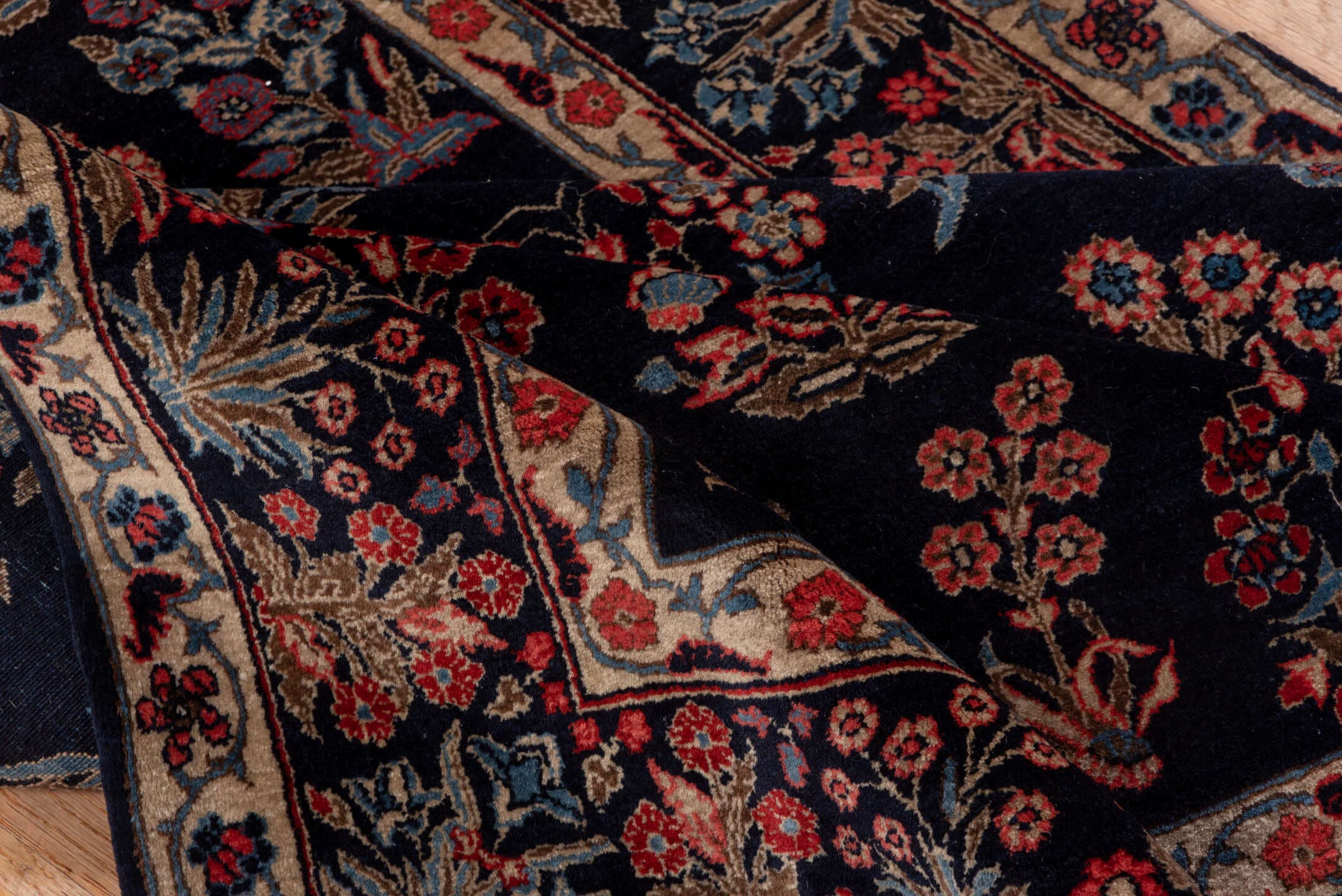 4' x 6' one-of-a-kind handmade vintage Far.Sarouk small size rug. Color palette: navy, ivory, rust, slate_blue, rose, taupe