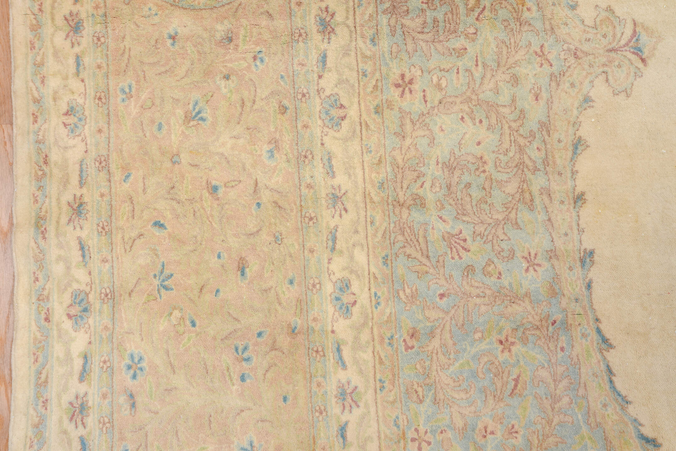 12' x 19' one-of-a-kind handmade vintage Kerman oversize rug. Color palette: ivory, beige, sky blue, taupe, blush, cream