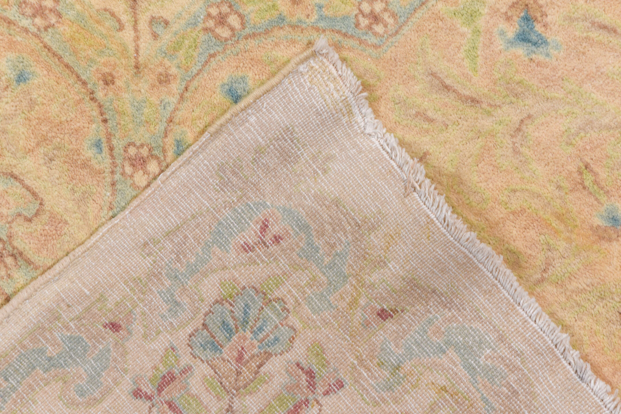 12' x 19' one-of-a-kind handmade vintage Kerman oversize rug. Color palette: ivory, beige, sky blue, taupe, blush, cream