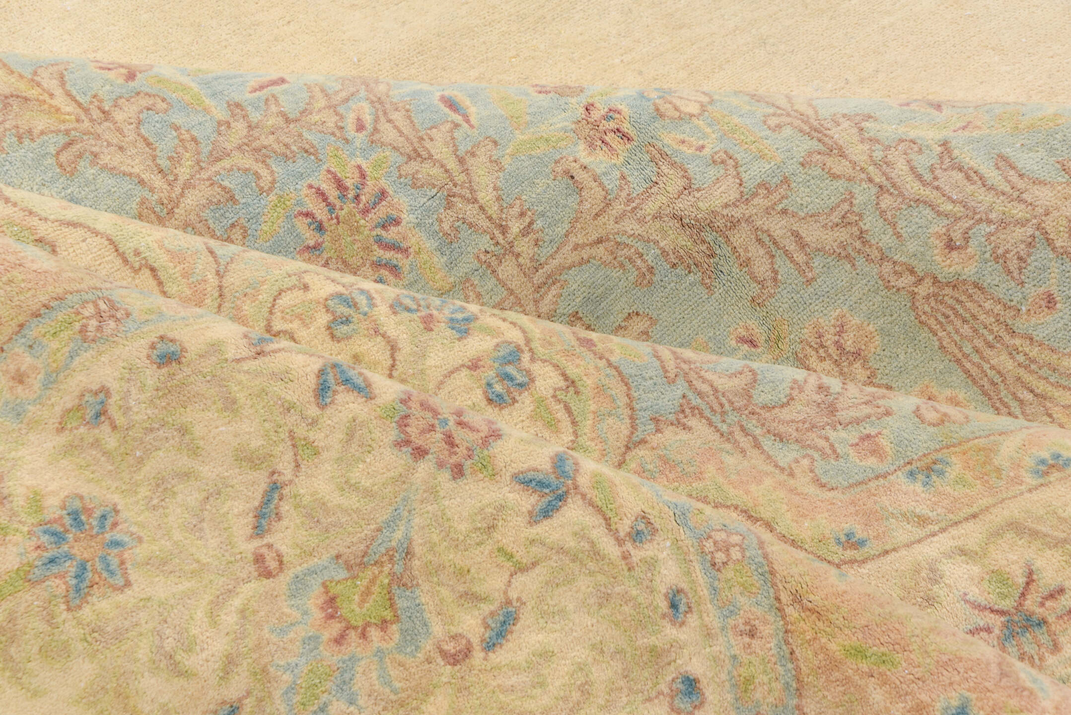 12' x 19' one-of-a-kind handmade vintage Kerman oversize rug. Color palette: ivory, beige, sky blue, taupe, blush, cream