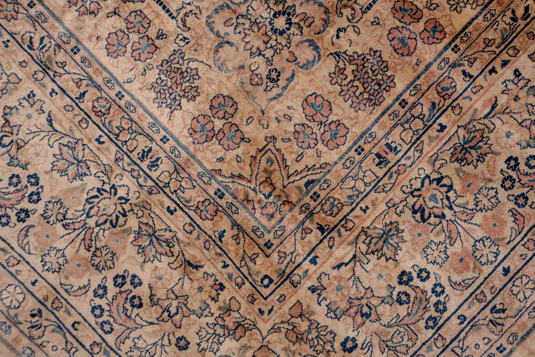 12' x 18' one-of-a-kind handmade antique Sarouk oversize rug. Color palette: beige, ivory, slate, taupe, rust, camel