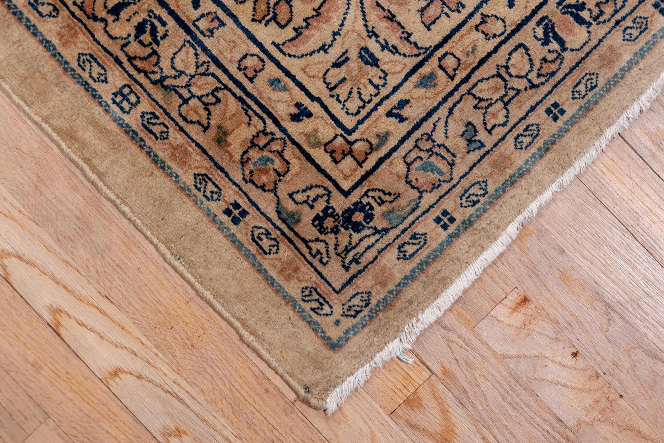 12' x 18' one-of-a-kind handmade antique Sarouk oversize rug. Color palette: beige, ivory, slate, taupe, rust, camel