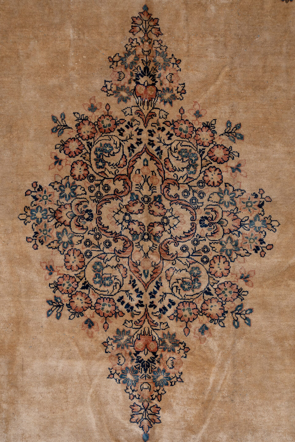 12' x 18' one-of-a-kind handmade antique Sarouk oversize rug. Color palette: beige, ivory, slate, taupe, rust, camel