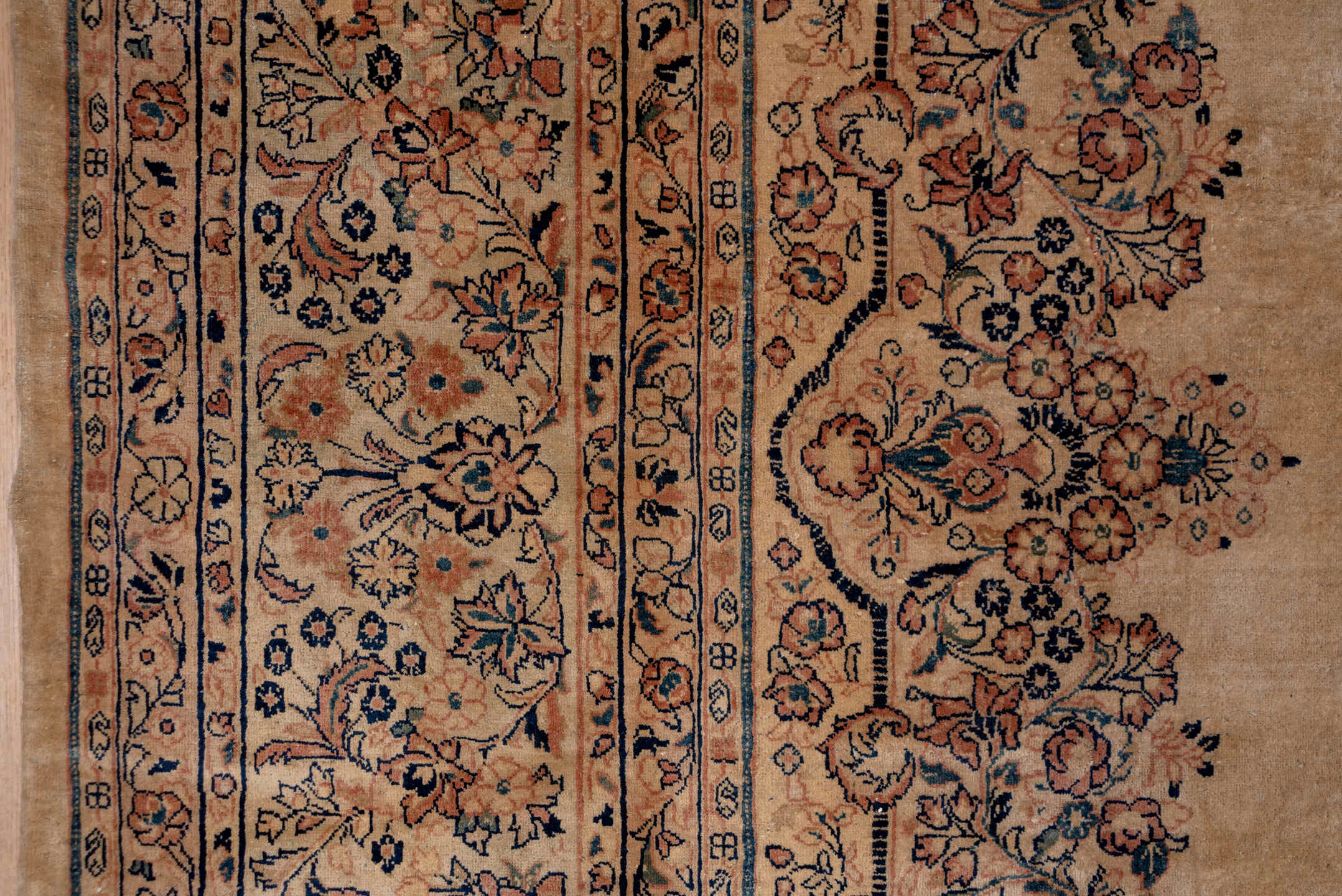 12' x 18' one-of-a-kind handmade antique Sarouk oversize rug. Color palette: beige, ivory, slate, taupe, rust, camel