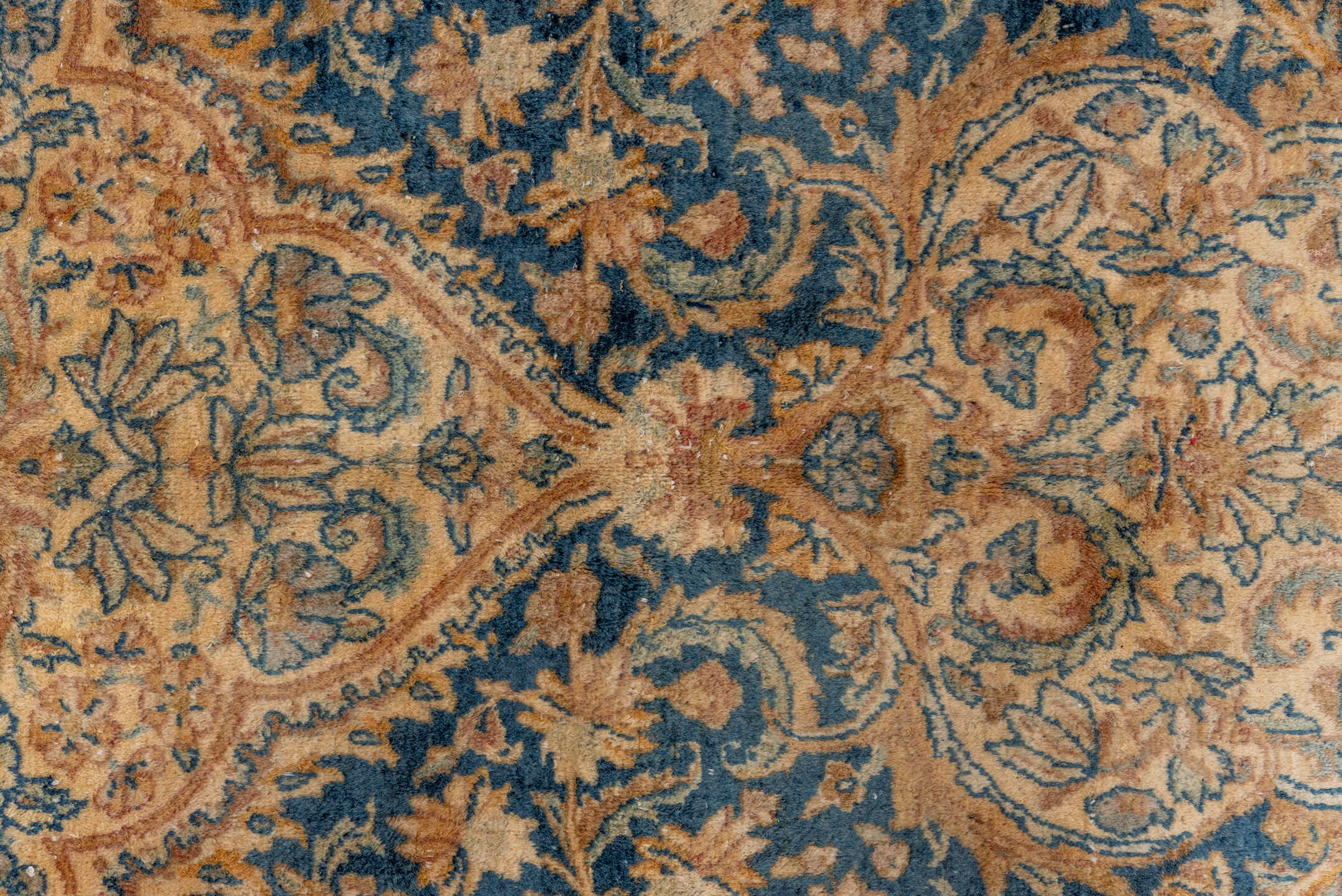 13' x 21' one-of-a-kind handmade antique Kerman oversize rug. Color palette: camel, navy, ivory, taupe, slate, beige, blue