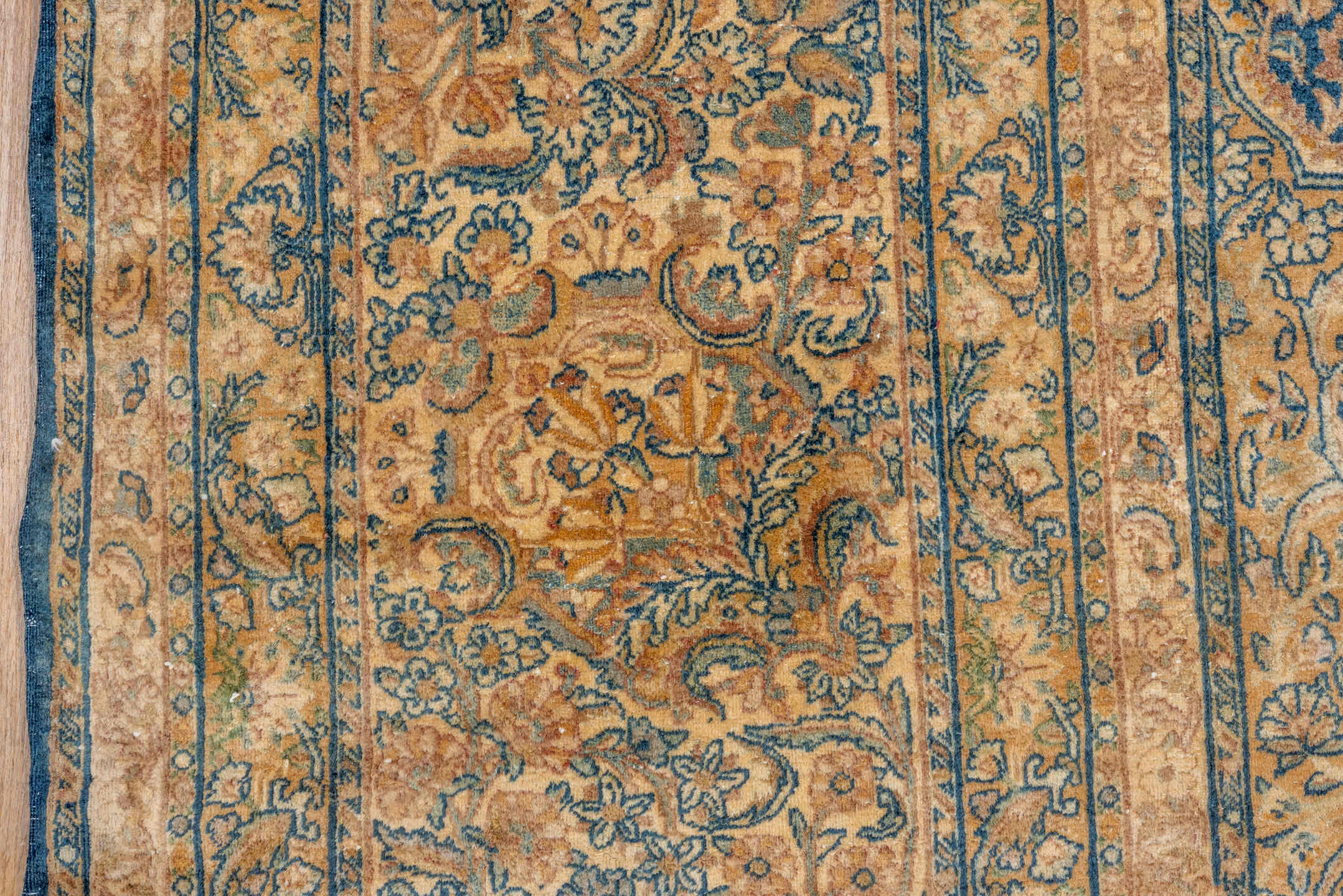 13' x 21' one-of-a-kind handmade antique Kerman oversize rug. Color palette: camel, navy, ivory, taupe, slate, beige, blue
