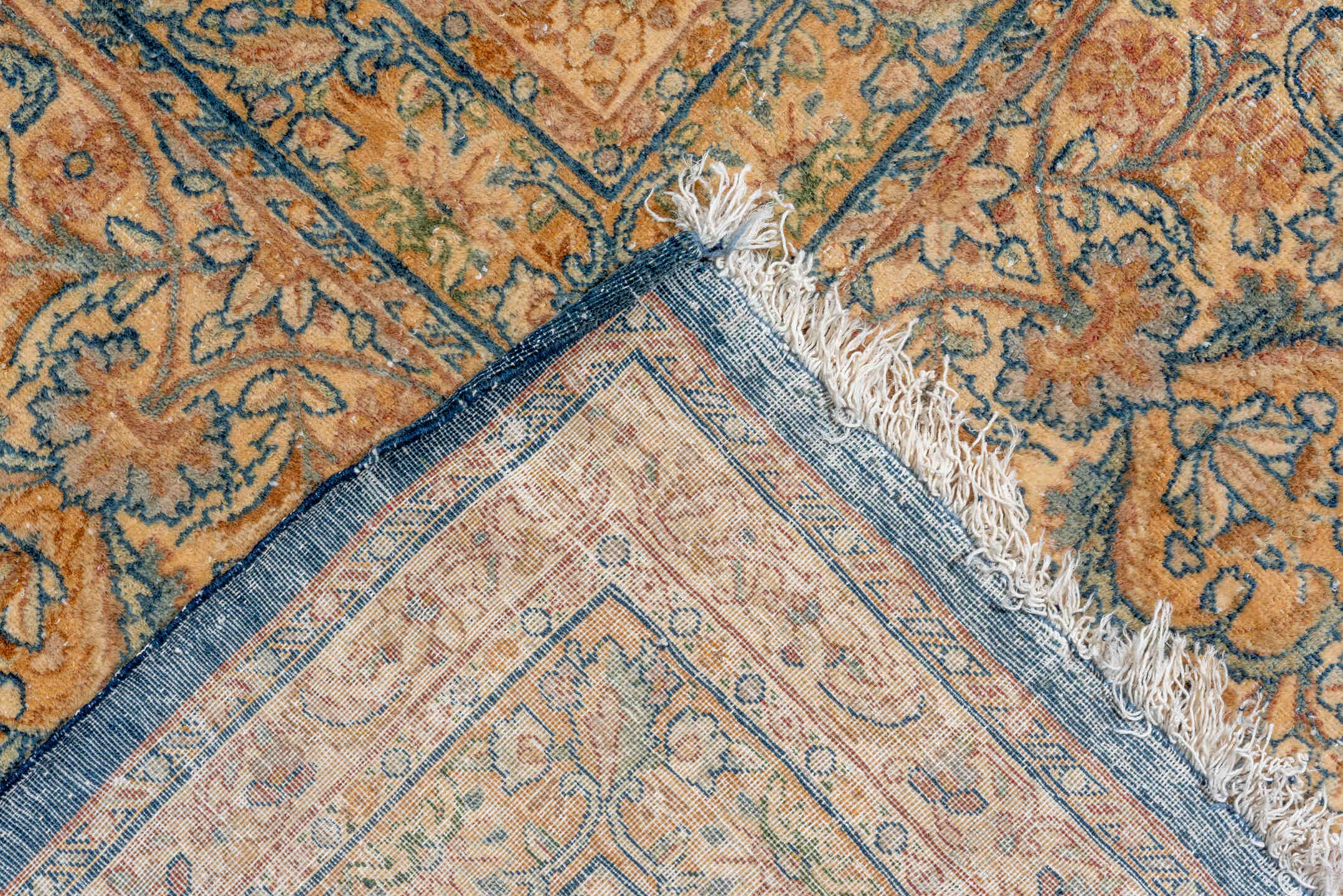 13' x 21' one-of-a-kind handmade antique Kerman oversize rug. Color palette: camel, navy, ivory, taupe, slate, beige, blue