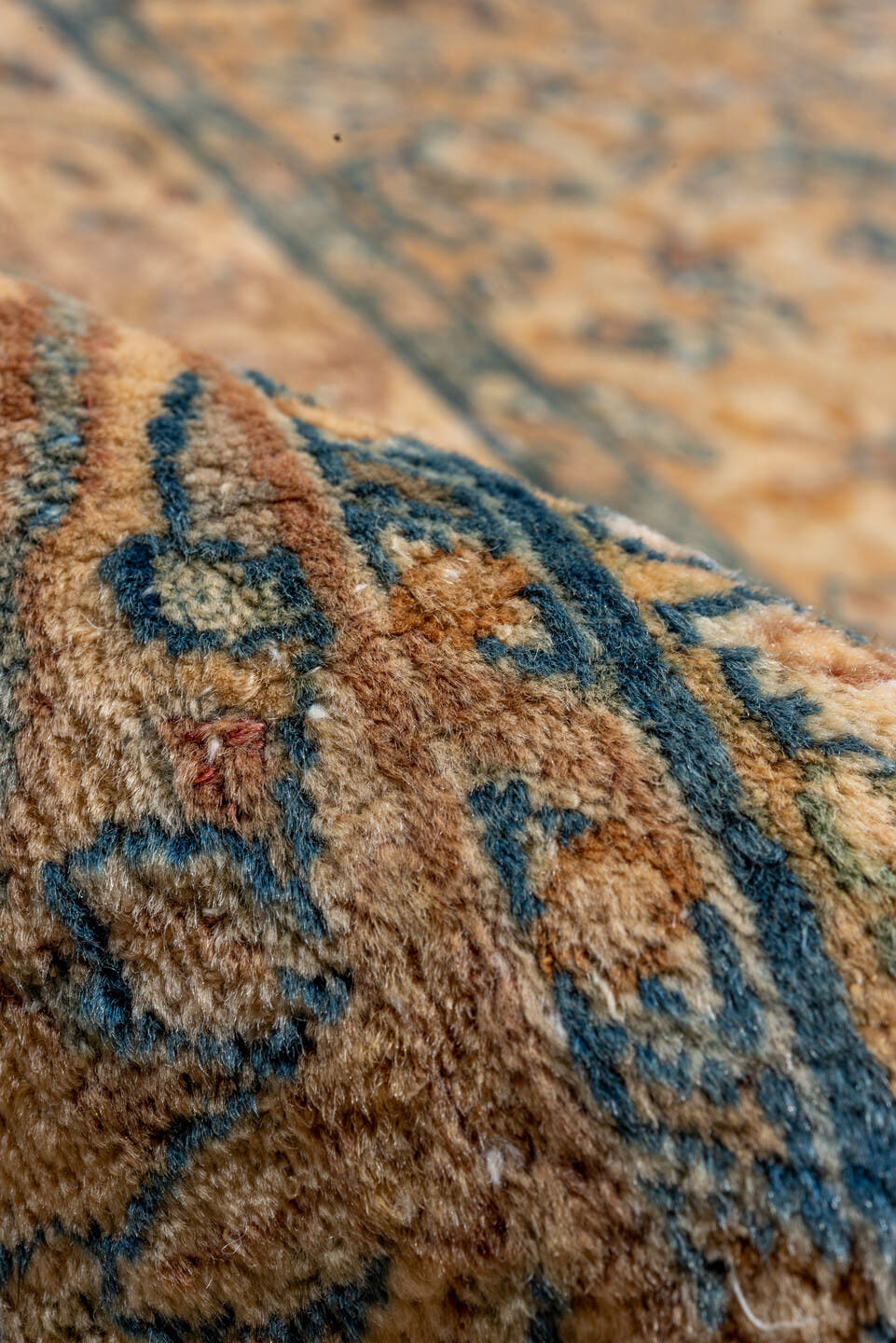 13' x 21' one-of-a-kind handmade antique Kerman oversize rug. Color palette: camel, navy, ivory, taupe, slate, beige, blue