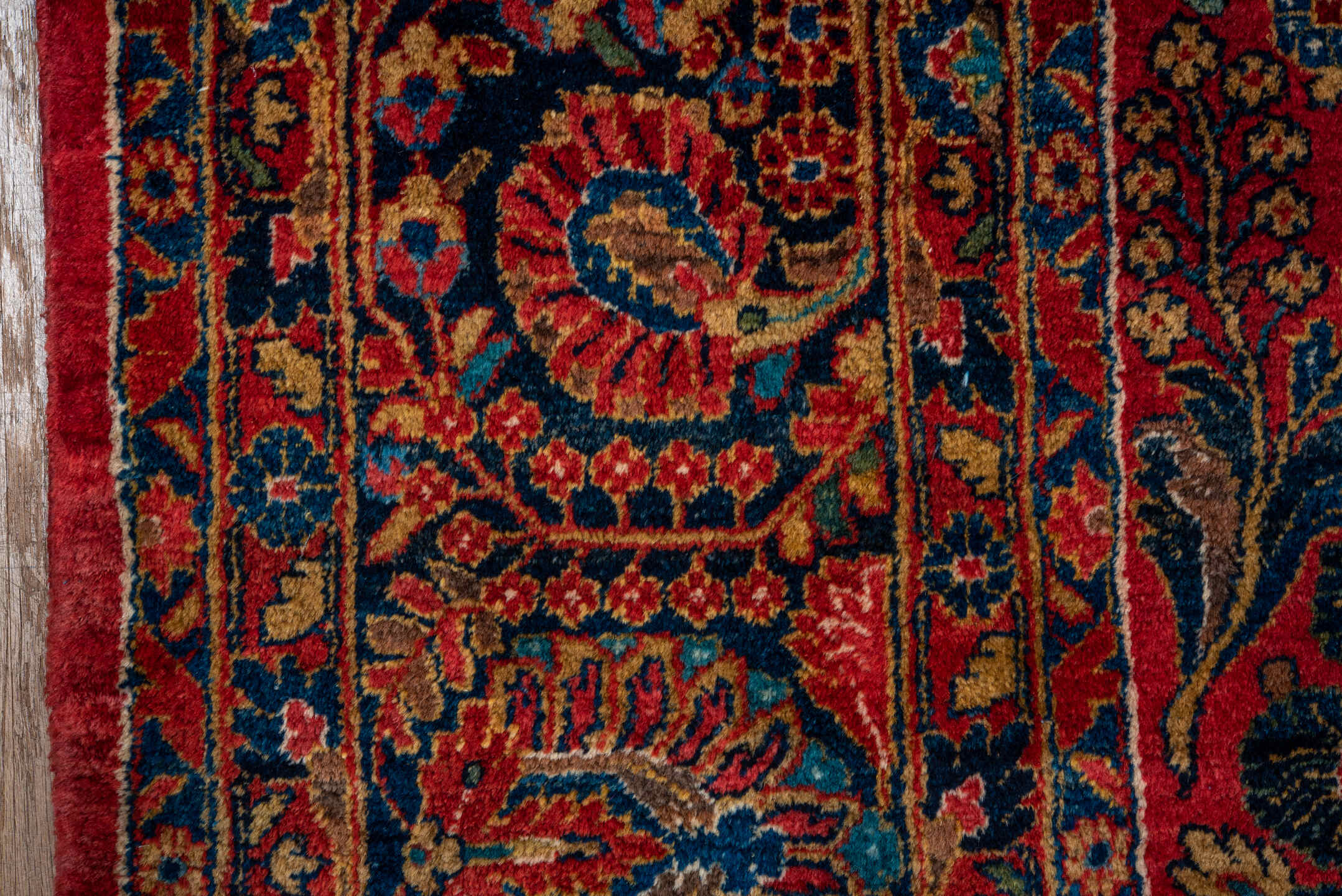 10' x 13' one-of-a-kind handmade antique Sarouk large size rug. Color palette: red, navy, rust, ivory, gold, coral, slate