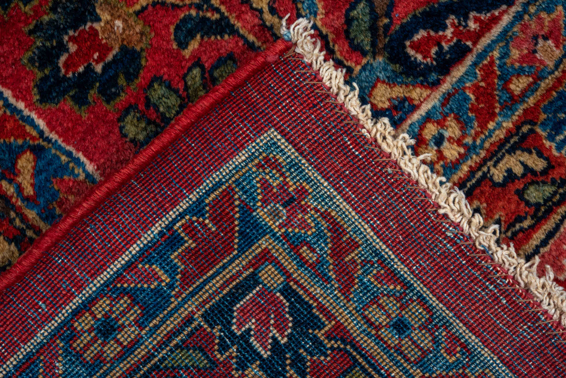 10' x 13' one-of-a-kind handmade antique Sarouk large size rug. Color palette: red, navy, rust, ivory, gold, coral, slate