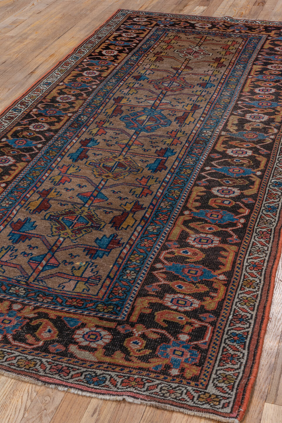 3' x 8' one-of-a-kind handmade vintage Kurd runner rug. Color palette: arapawa, blue, brown, gray, pink, red, redwood